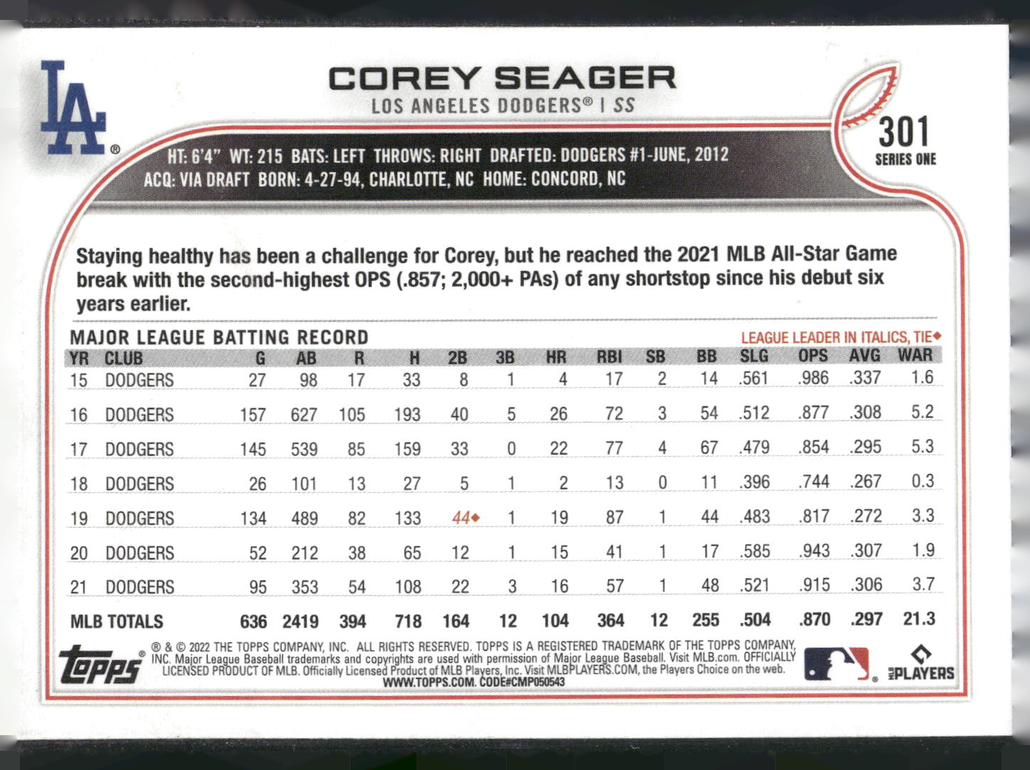 2022 Topps #301 Corey Seager