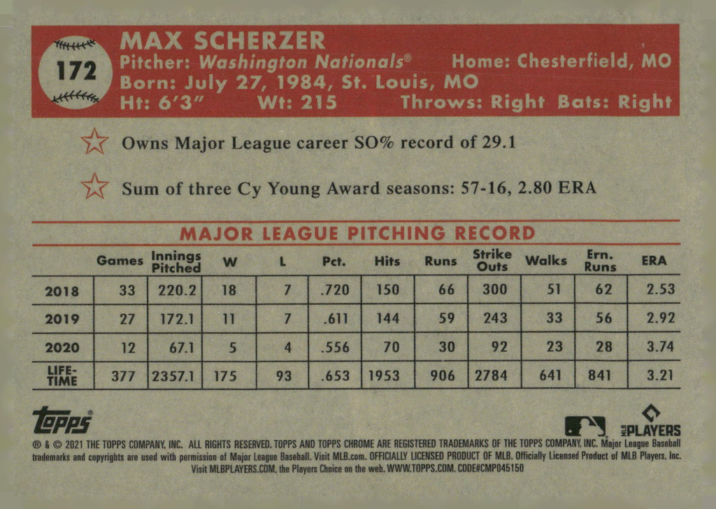2021 Topps Chrome Platinum Anniversary #172 Max Scherzer