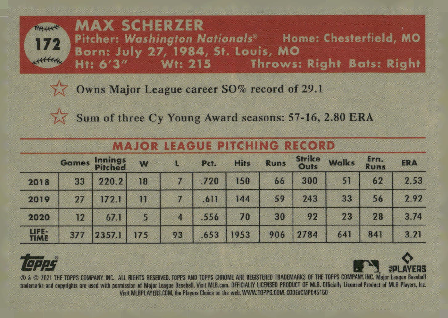 2021 Topps Chrome Platinum Anniversary #172 Max Scherzer