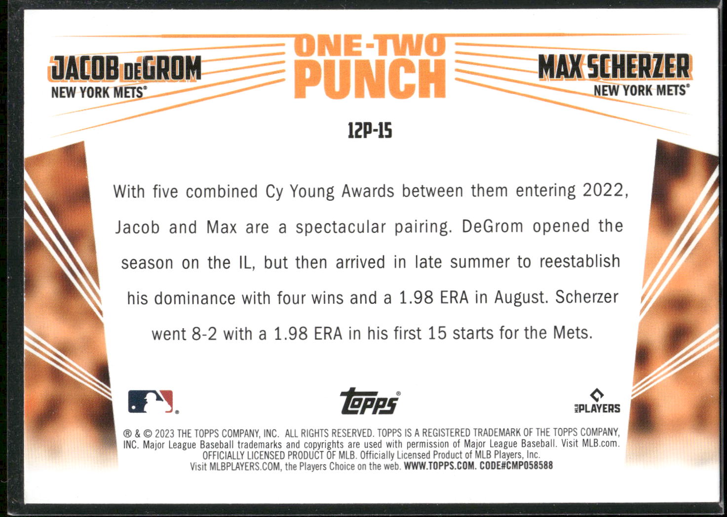 2023 Topps #12P-15 Jacob deGrom / Max Scherzer One-Two Punch