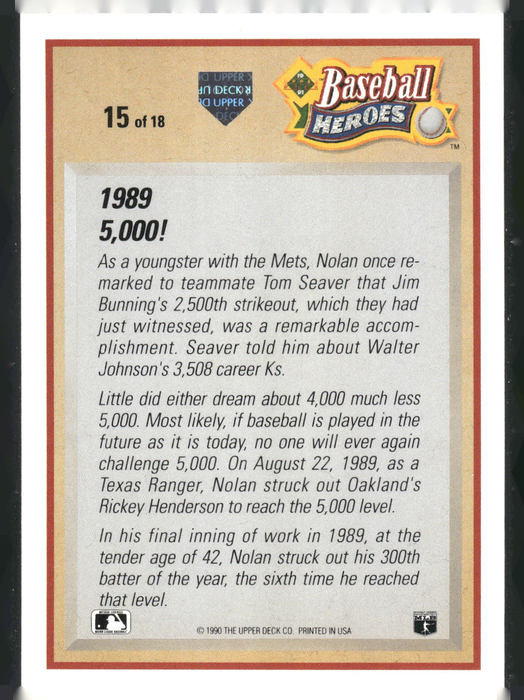 1991 Upper Deck #15 Nolan Ryan Baseball Heroes: Nolan Ryan