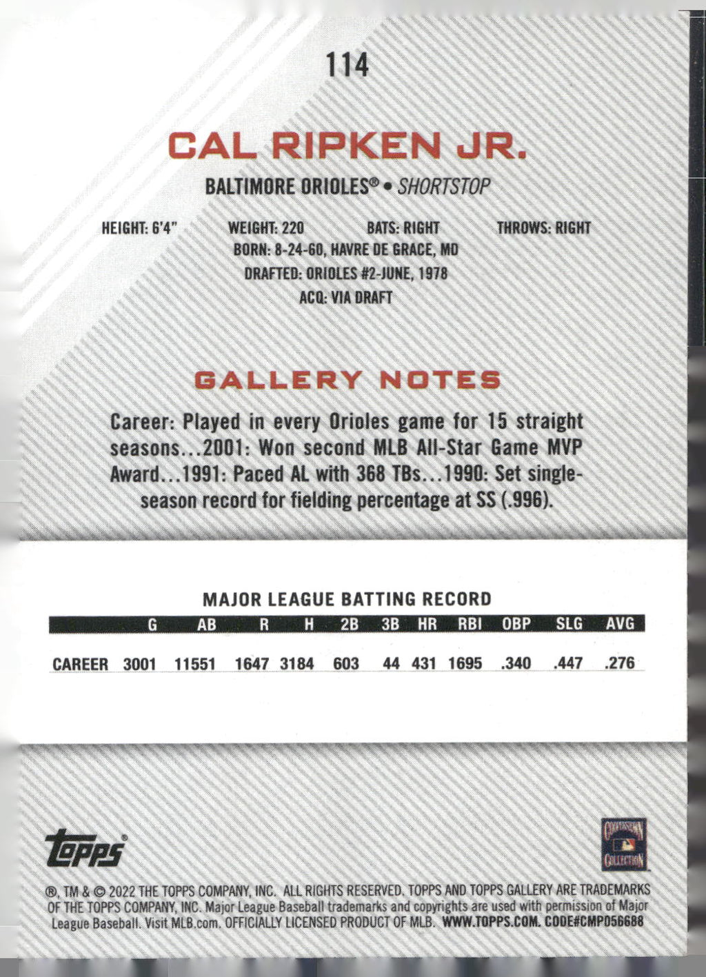 2022 Topps Gallery #114 Cal Ripken Jr.