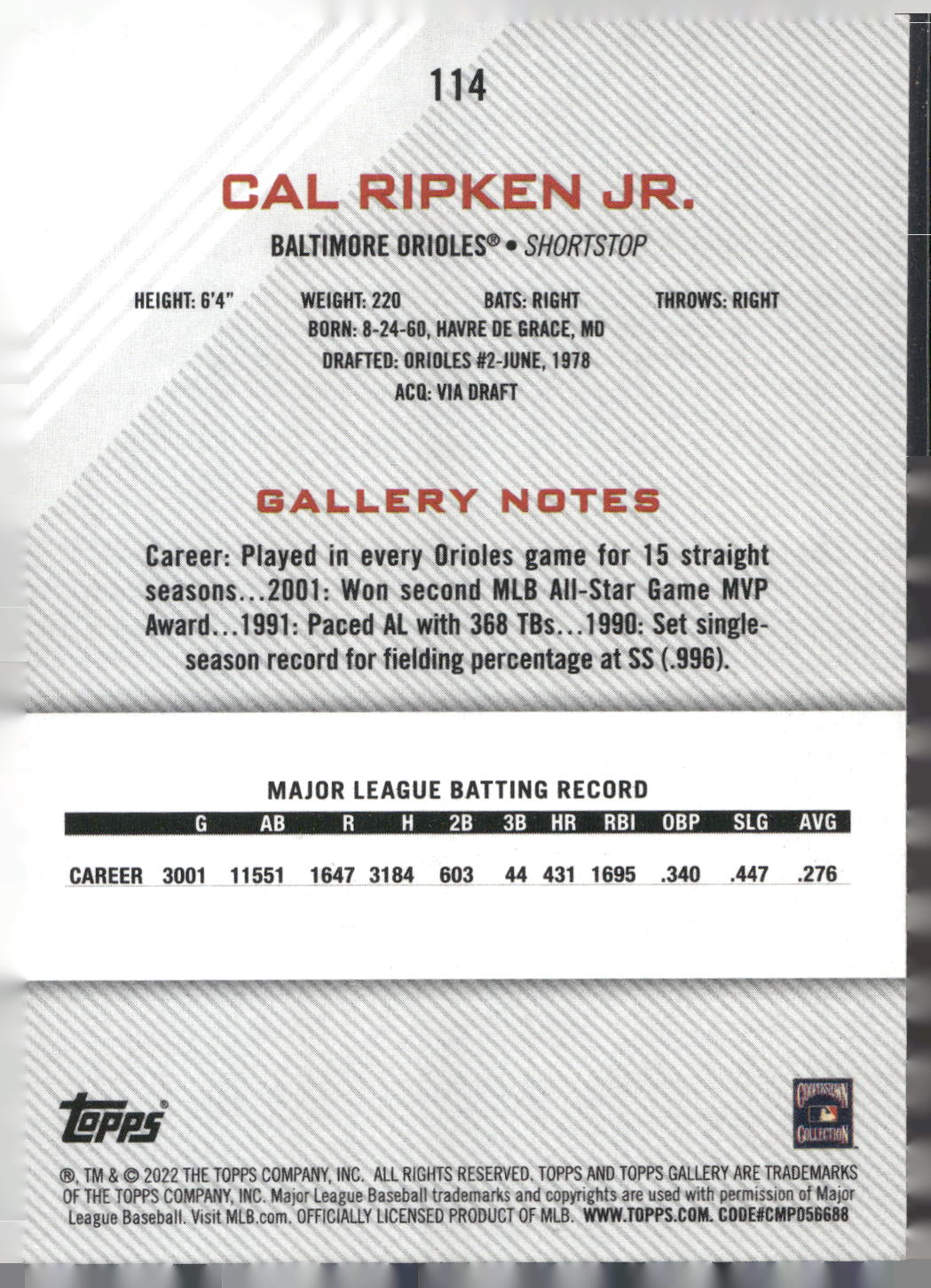 2022 Topps Gallery #114 Cal Ripken Jr.