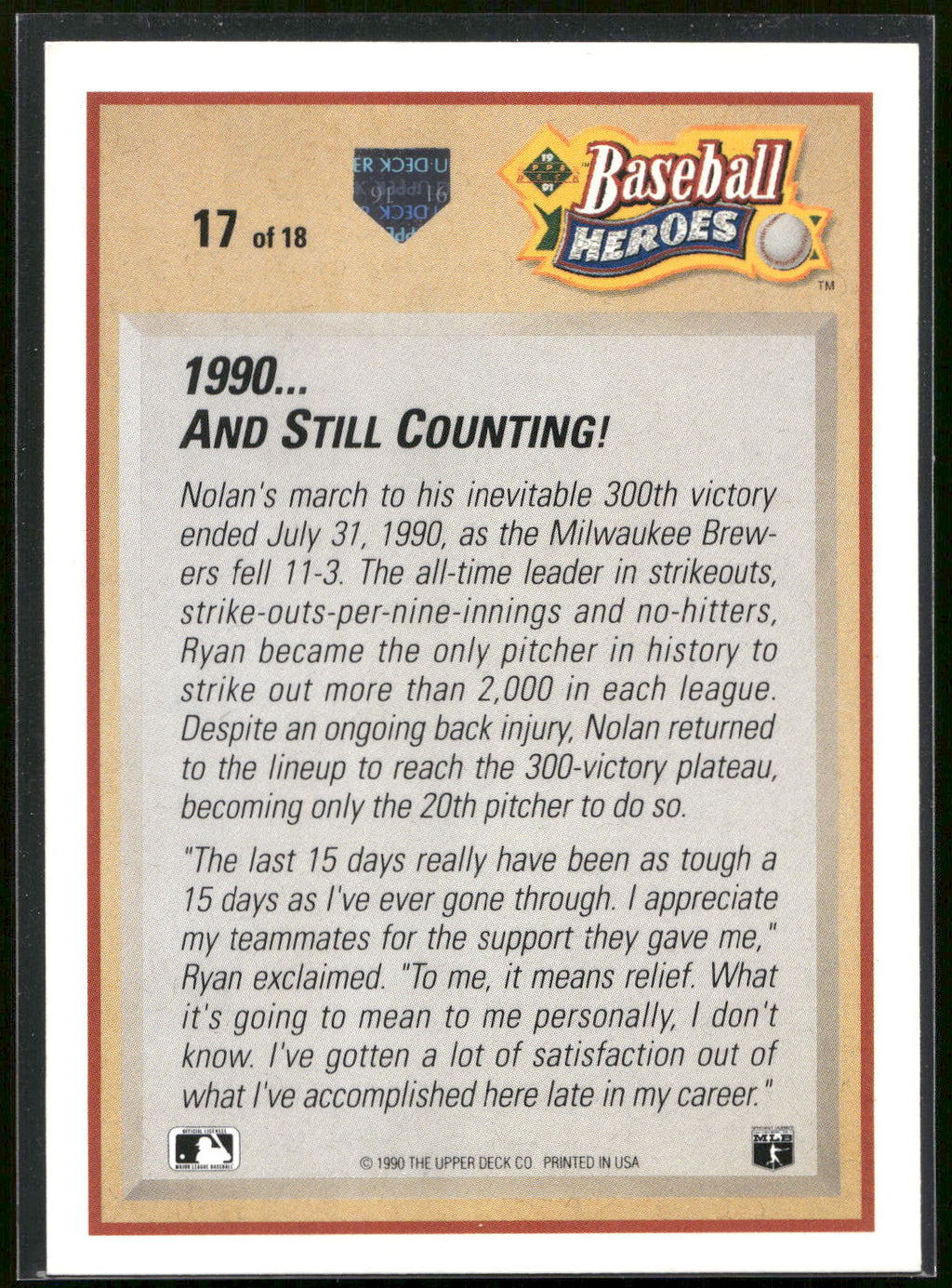 1991 Upper Deck #17 Nolan Ryan Baseball Heroes: Nolan Ryan