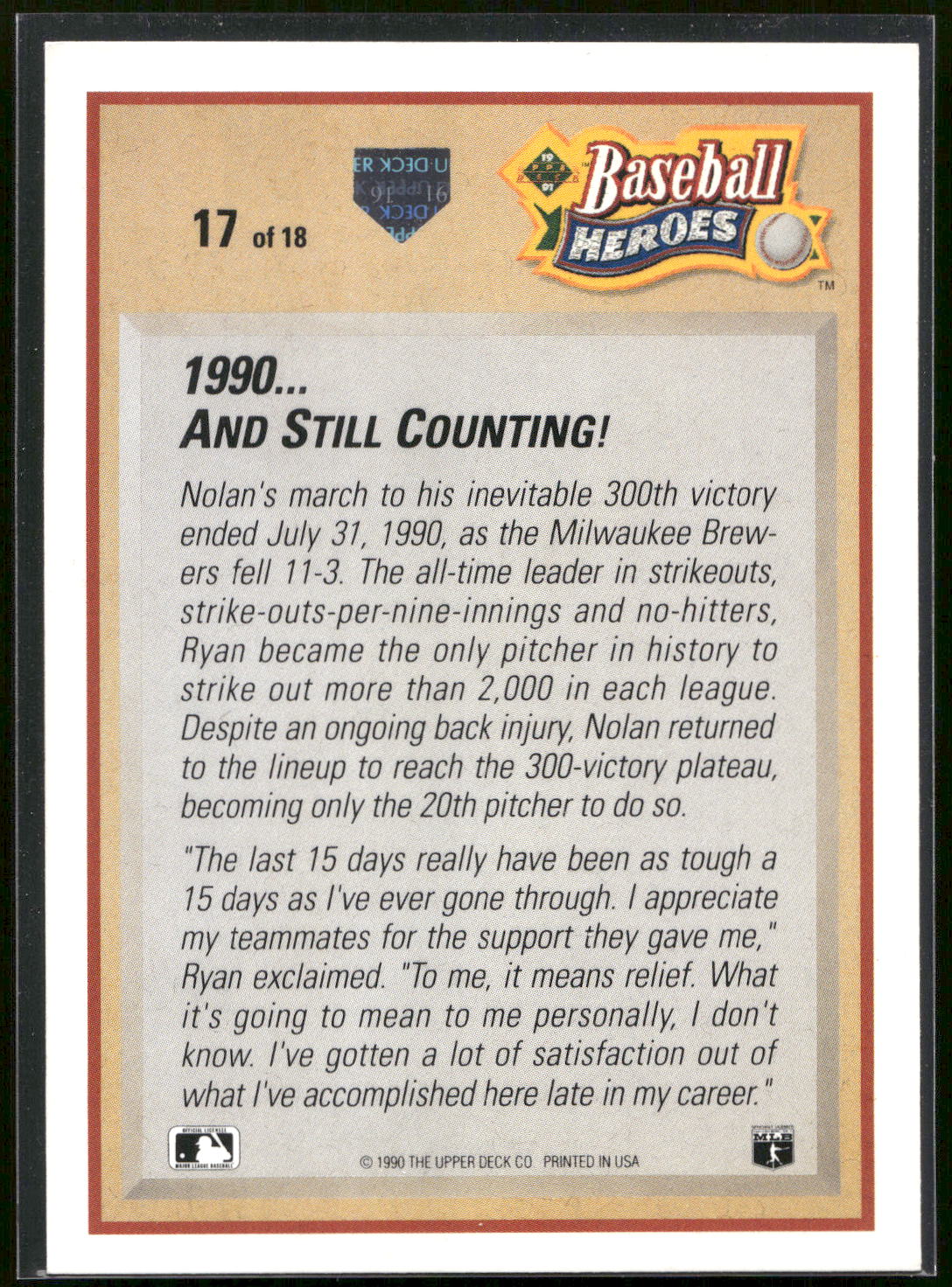 1991 Upper Deck #17 Nolan Ryan Baseball Heroes: Nolan Ryan