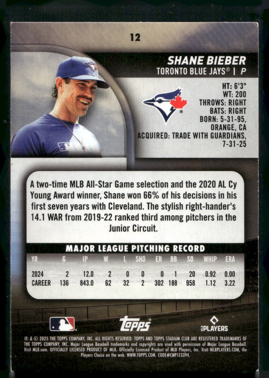 2025 Stadium Club #12 Shane Bieber