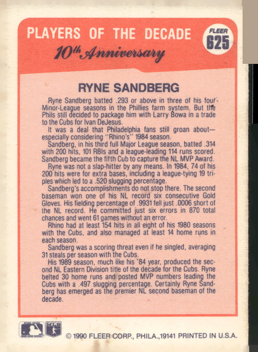 1990 Fleer #625 Ryne Sandberg