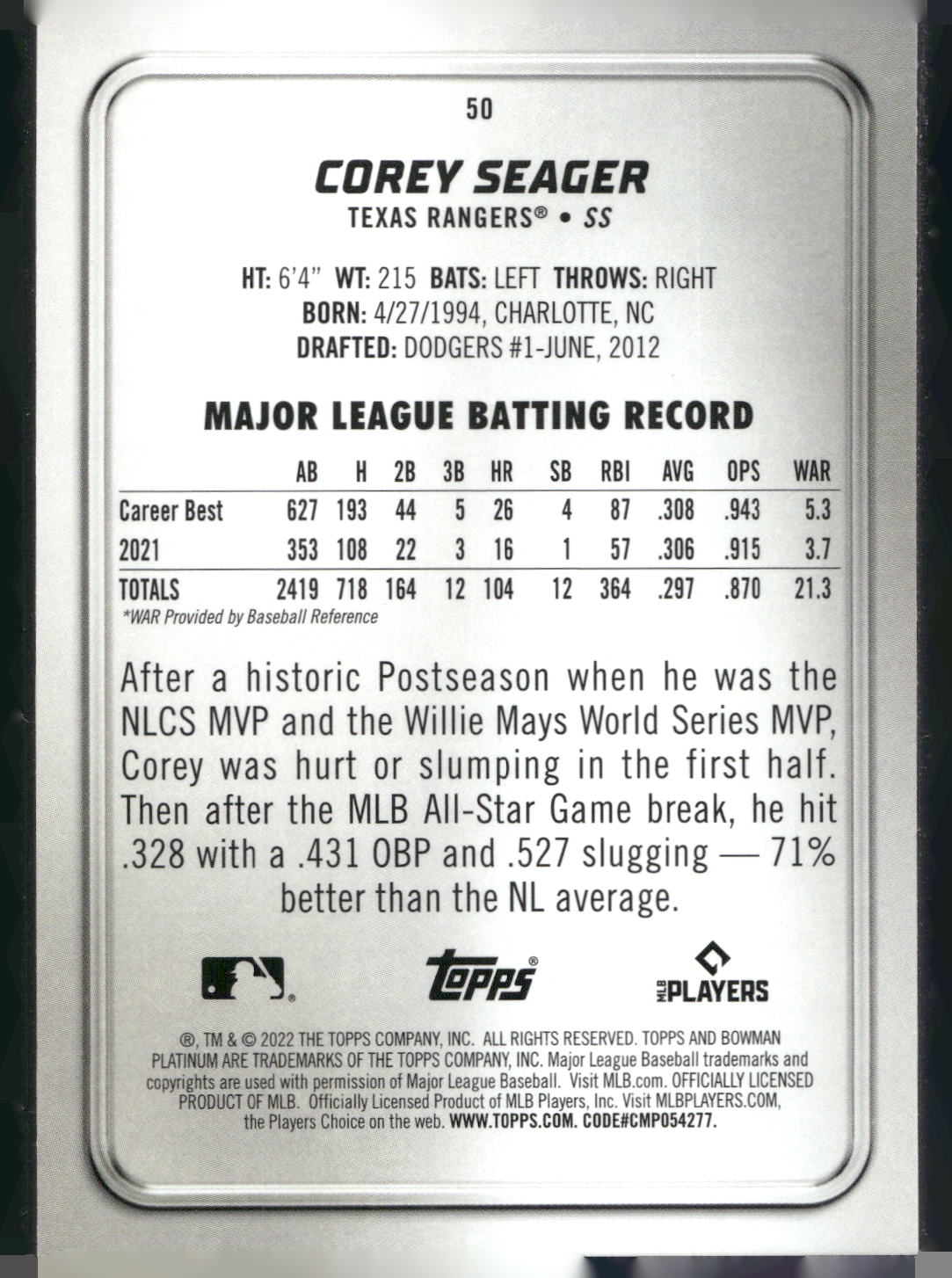 2022 Bowman Platinum #50 Corey Seager