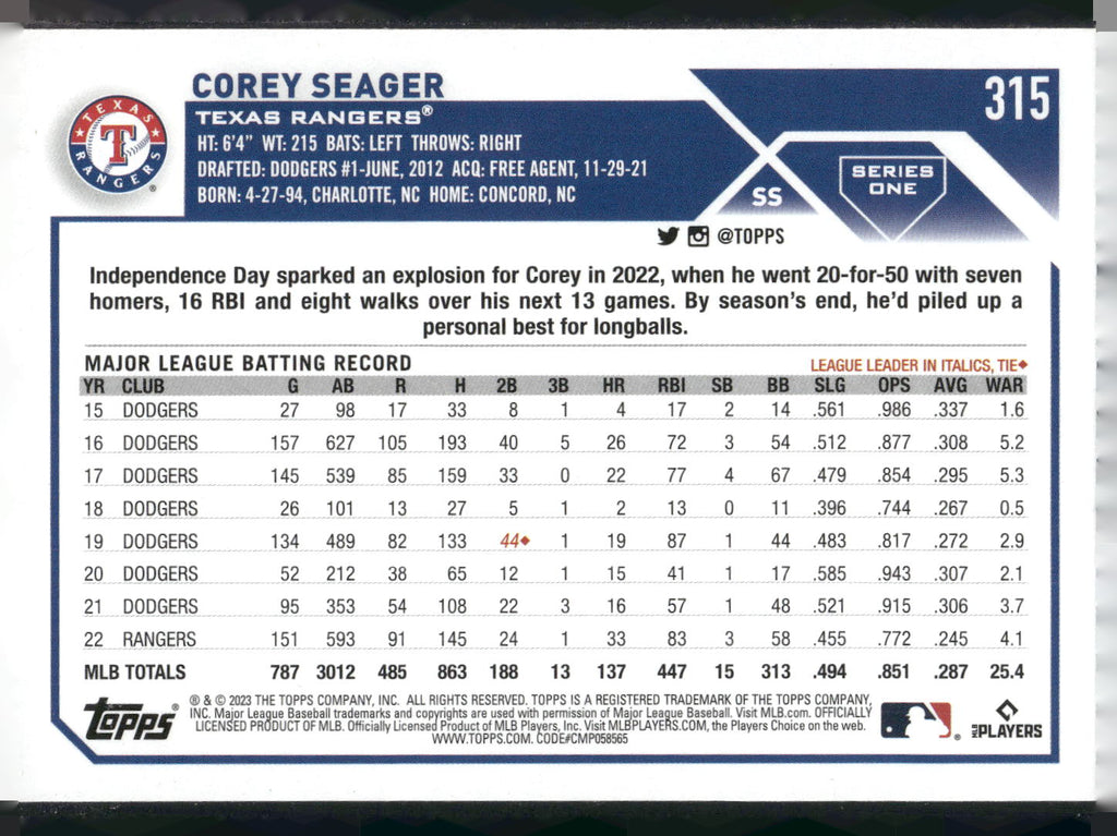 2023 Topps #315 Corey Seager
