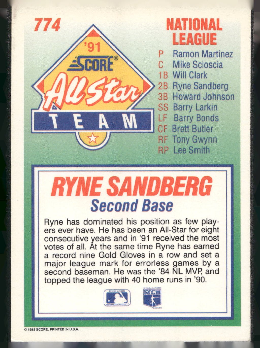 1992 Score #774 Ryne Sandberg