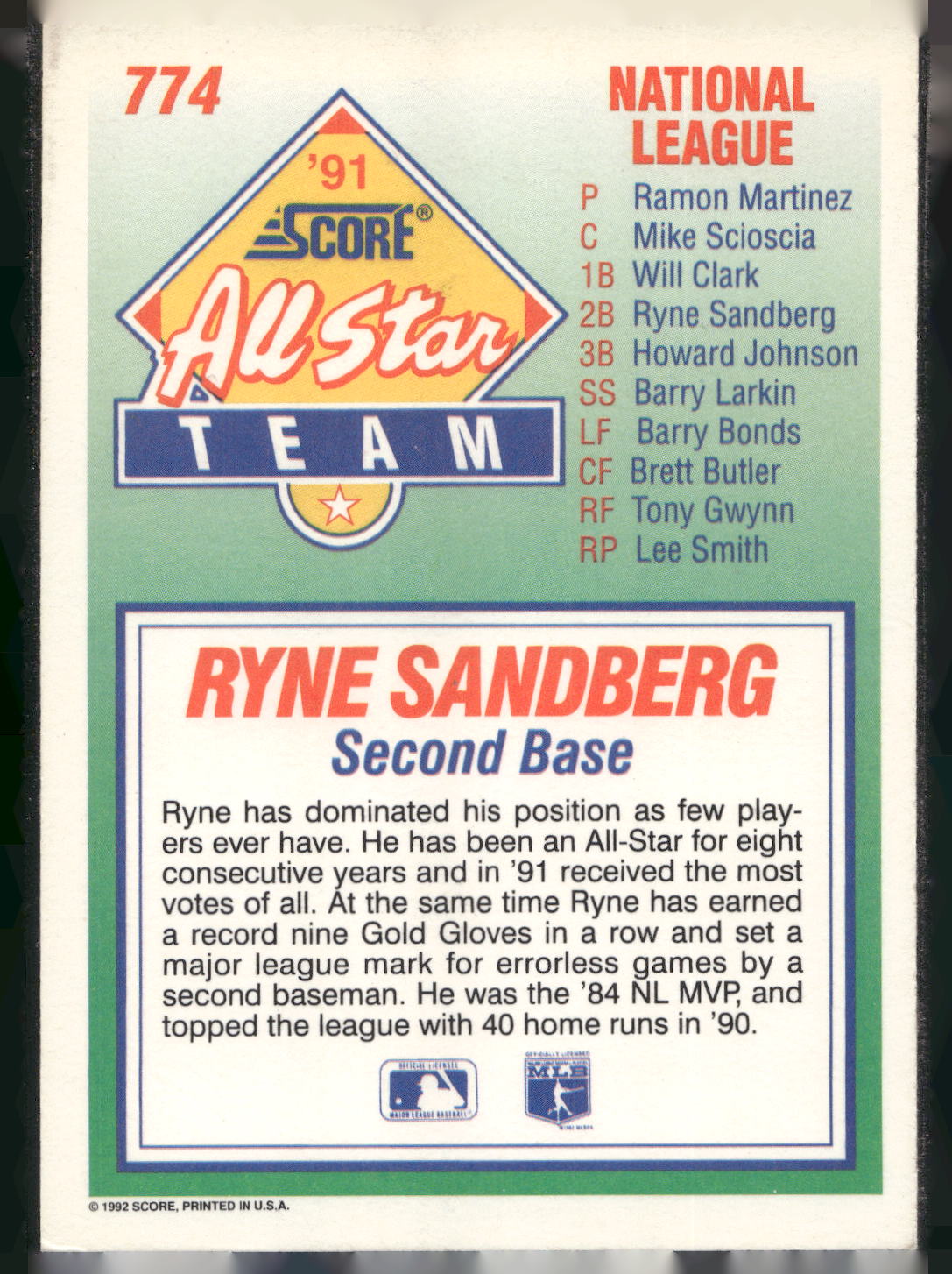 1992 Score #774 Ryne Sandberg