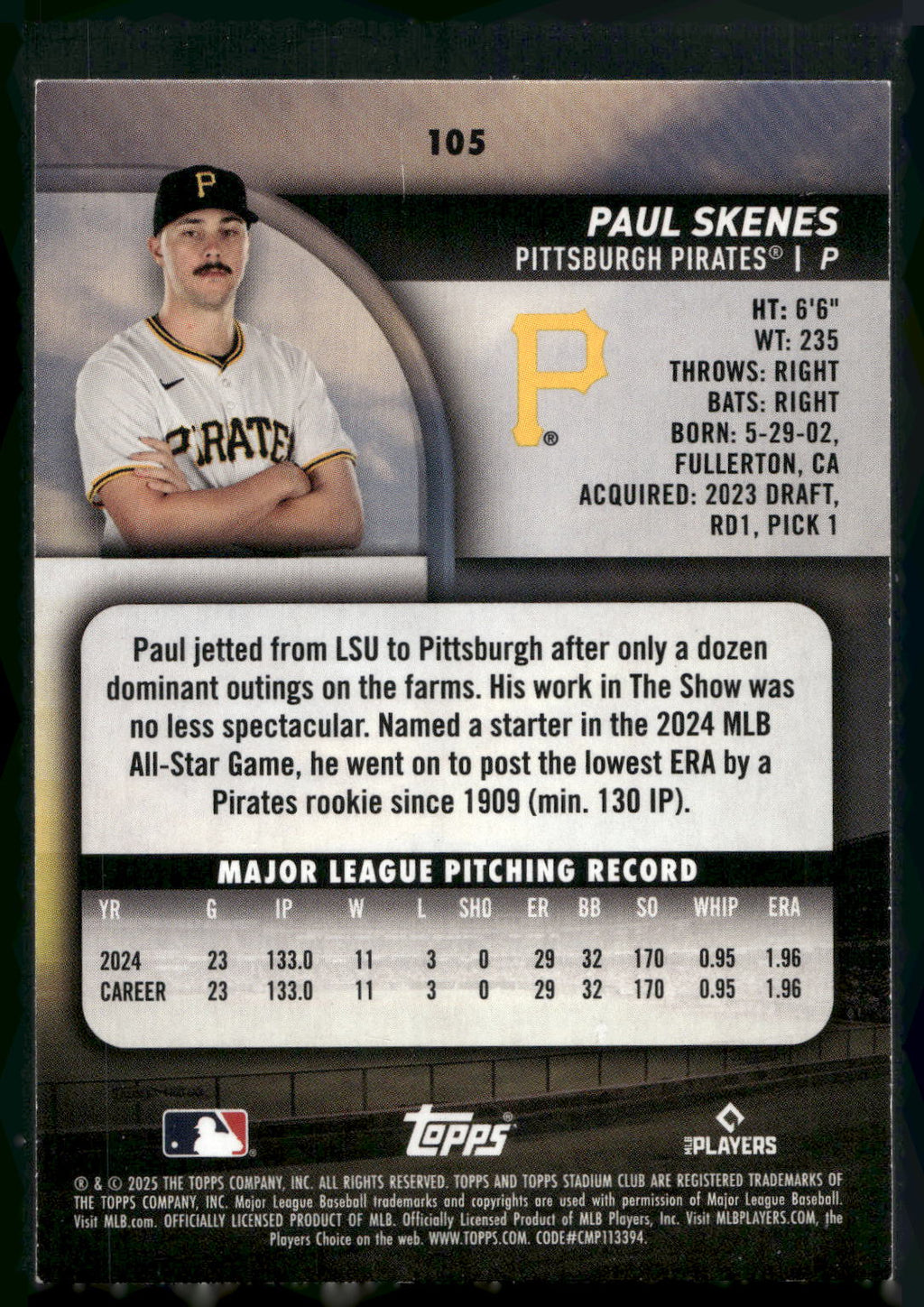 2025 Stadium Club #105 Paul Skenes
