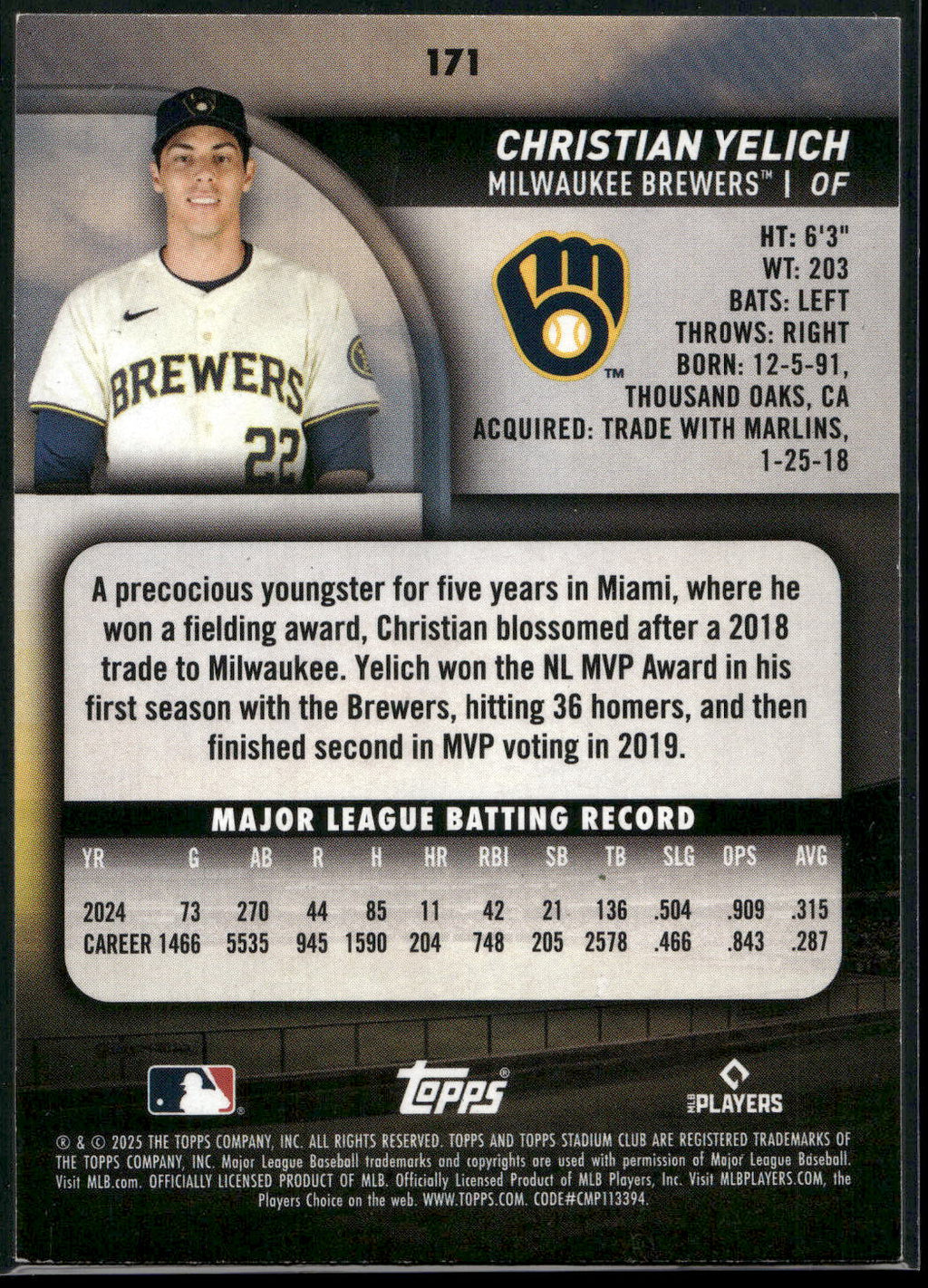 2025 Stadium Club #171 Christian Yelich