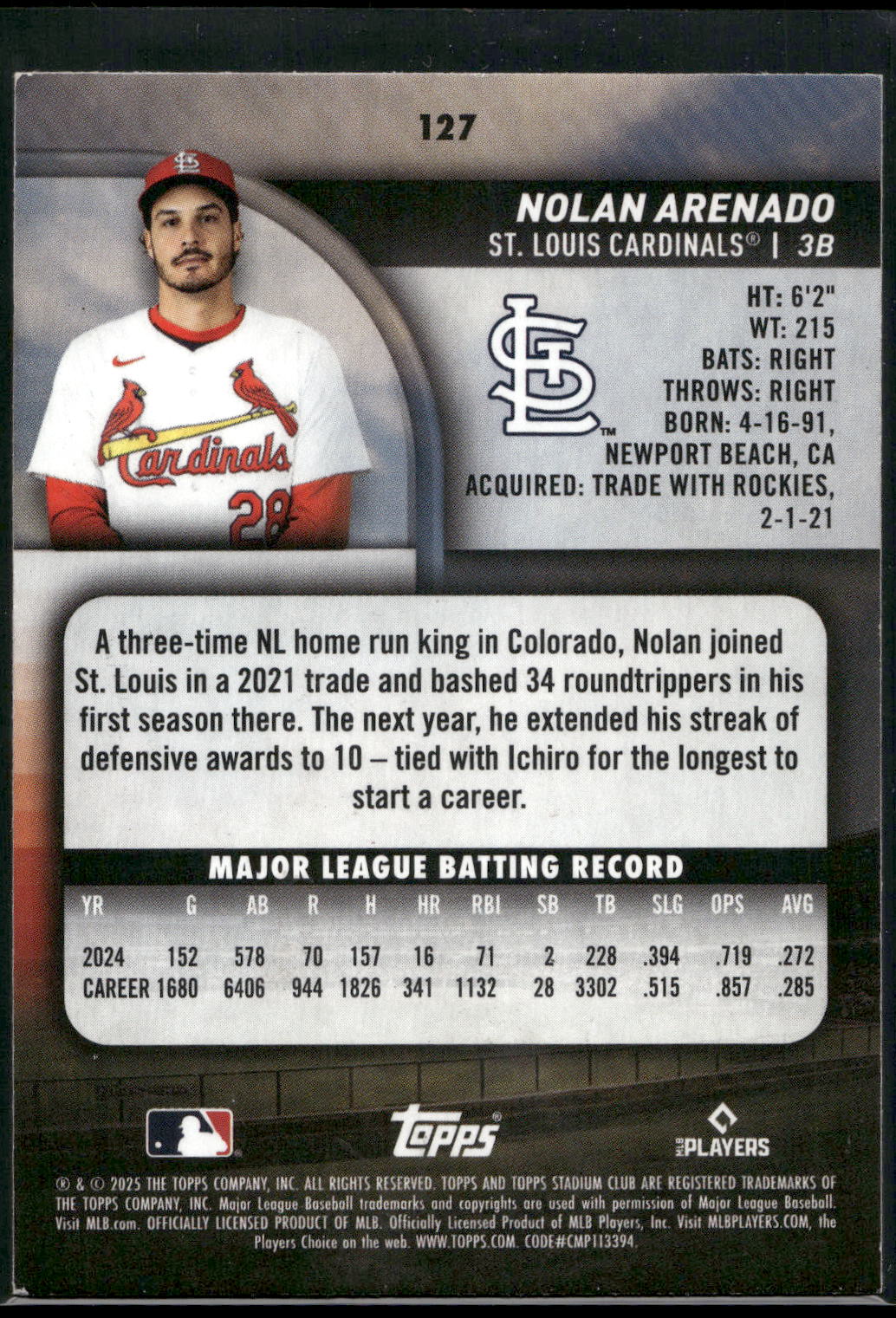 2025 Stadium Club #127 Nolan Arenado