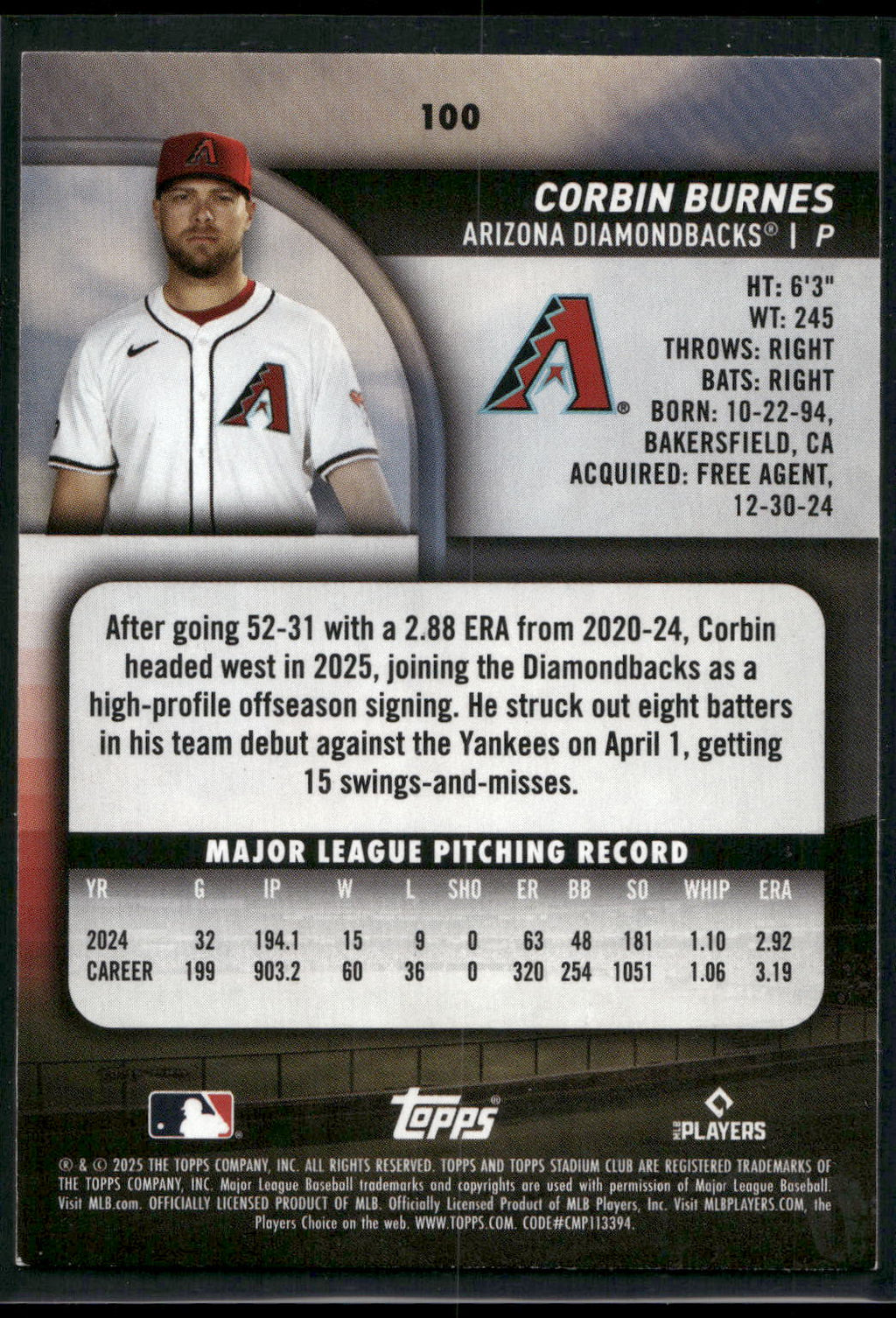 2025 Stadium Club #100 Corbin Burnes