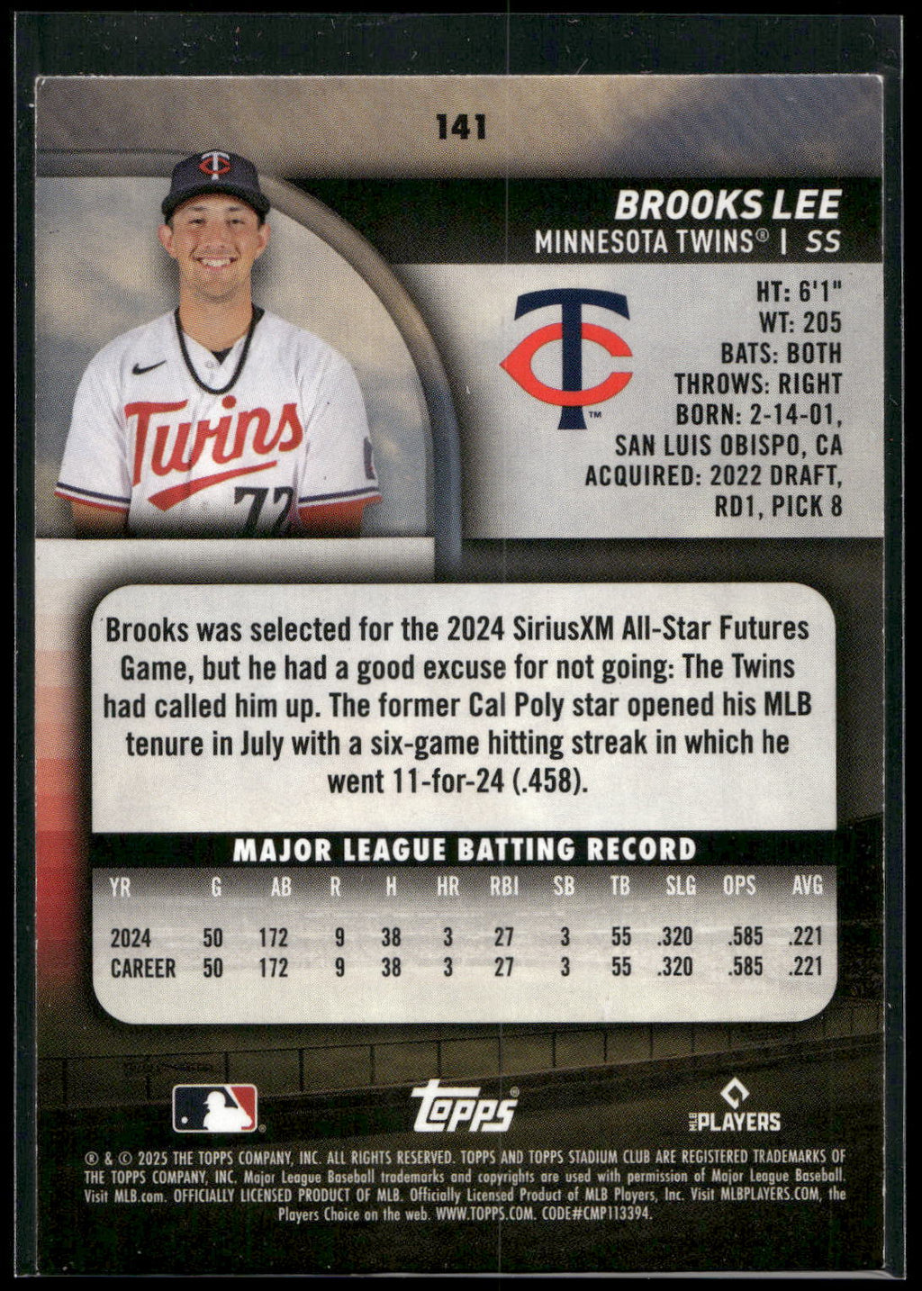 2025 Stadium Club #141 Brooks Lee