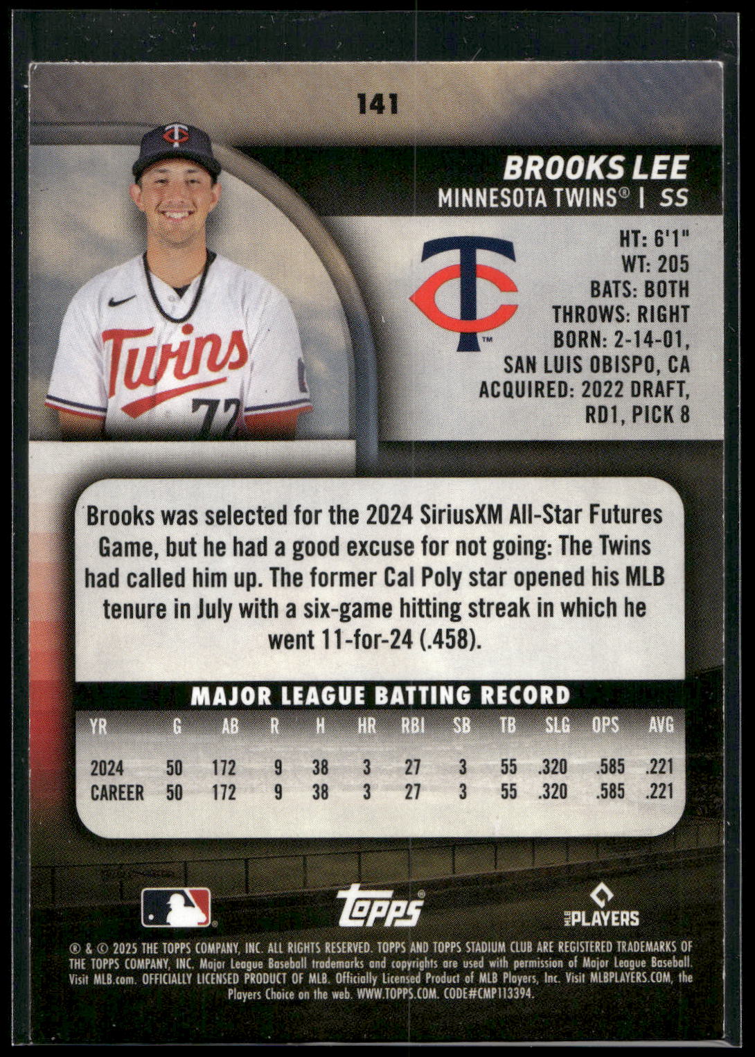 2025 Stadium Club #141 Brooks Lee