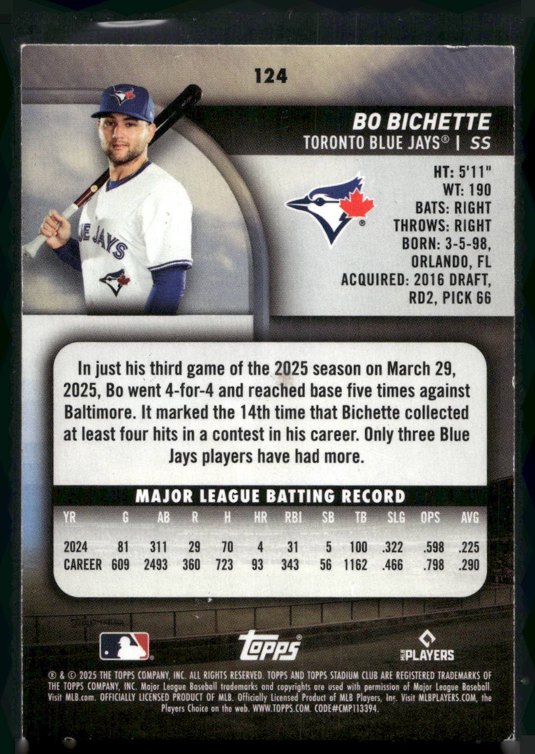 2025 Stadium Club #124 Bo Bichette