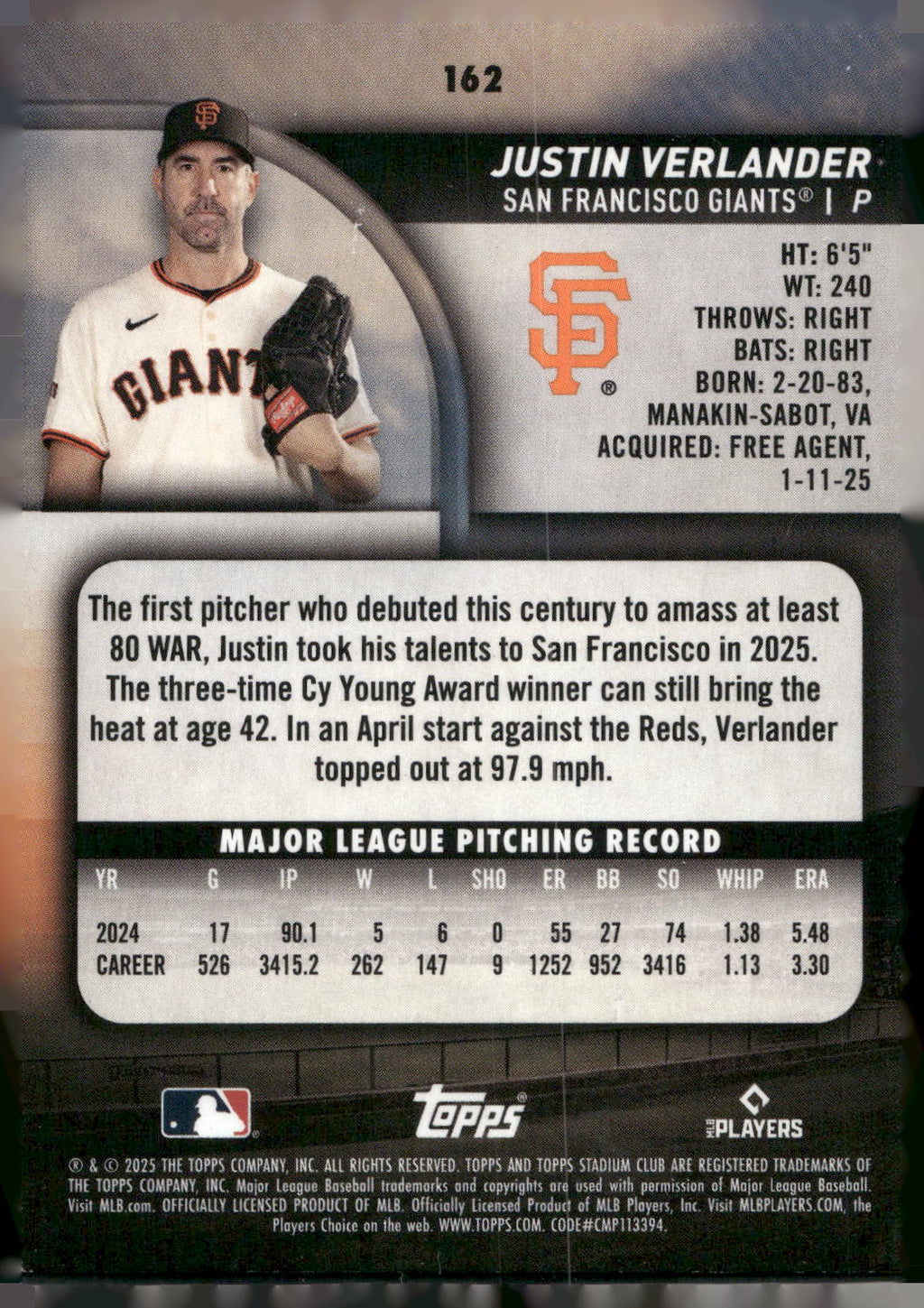 2025 Stadium Club #162 Justin Verlander
