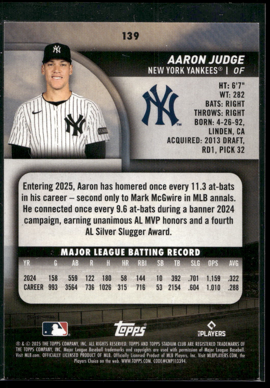 2025 Stadium Club #139 Aaron Judge