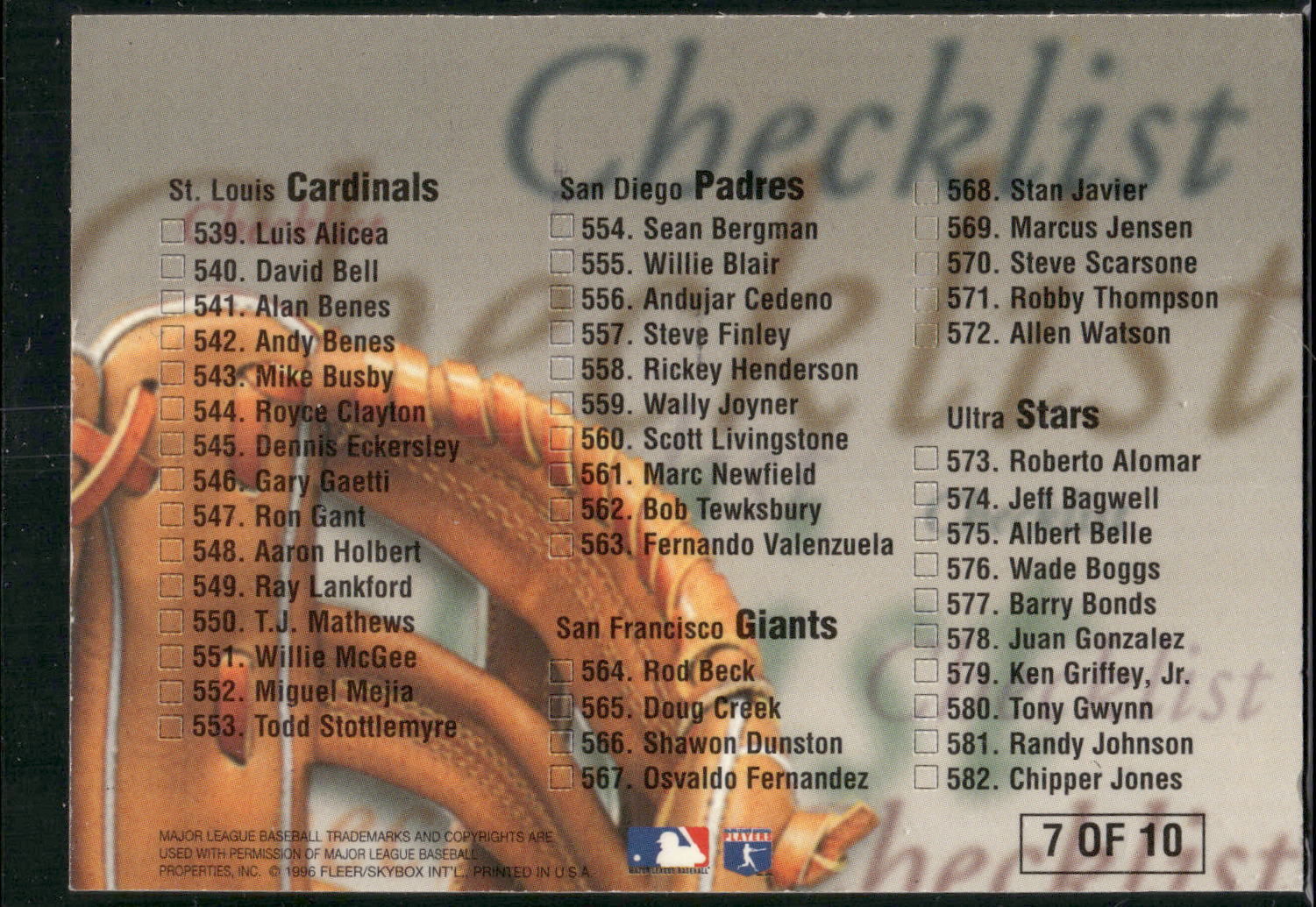 1996 Ultra #7 Ryan Klesko Checklists (Series Two)