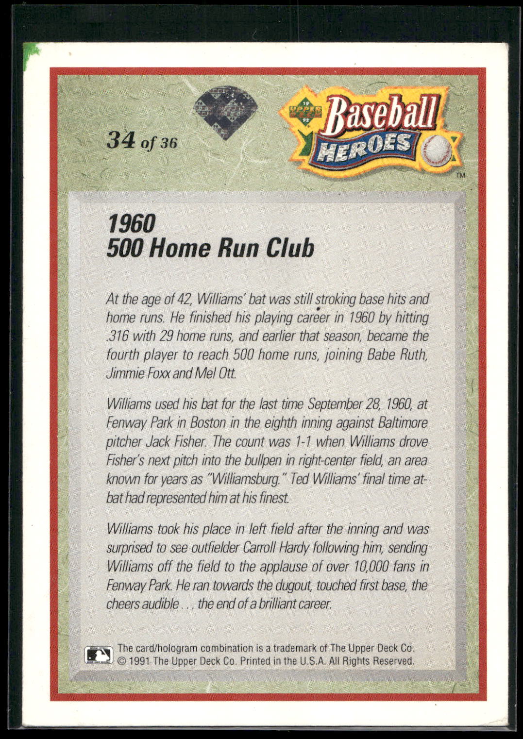 1992 Upper Deck #34 Ted Williams Baseball Heroes: Ted Williams
