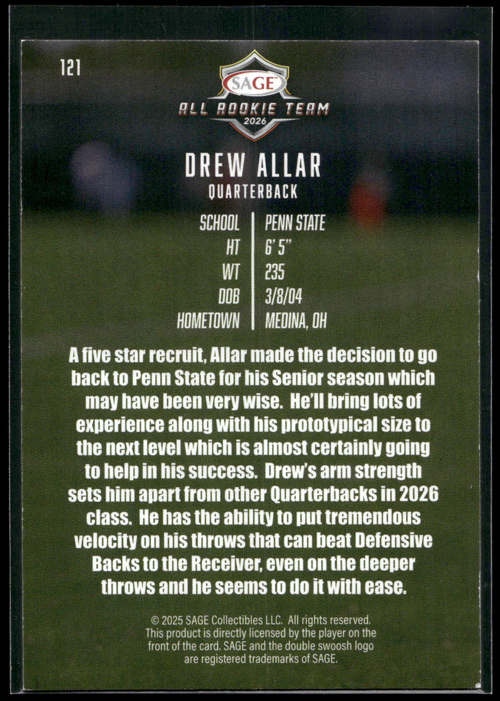 2026 SAGE #121 Drew Allar