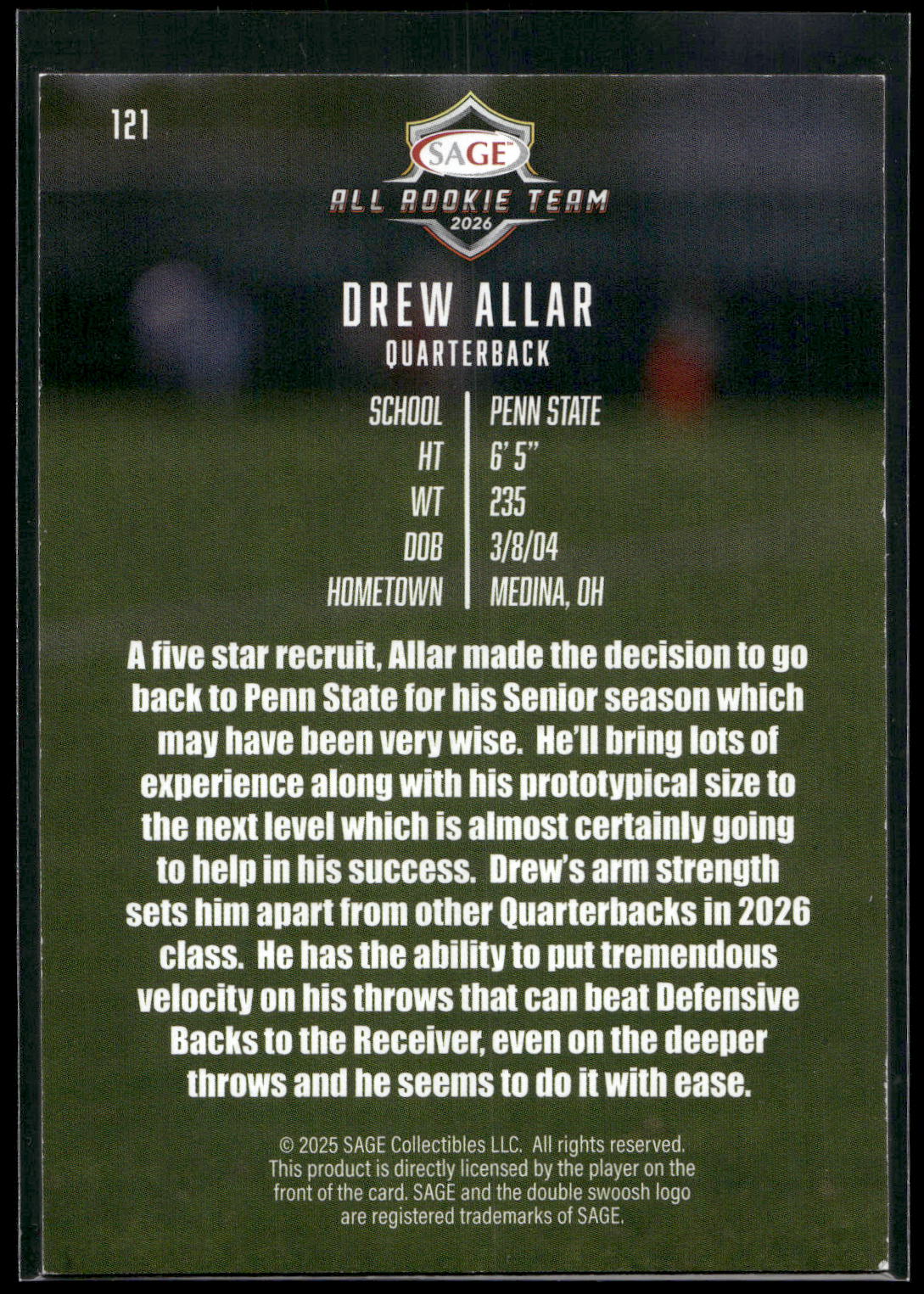 2026 SAGE #121 Drew Allar