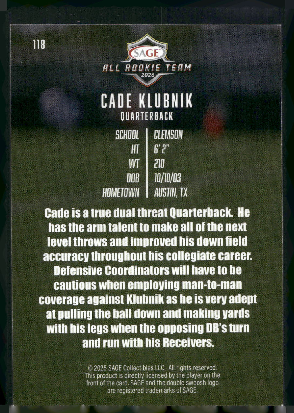 2026 SAGE #118 Cade Klubnik