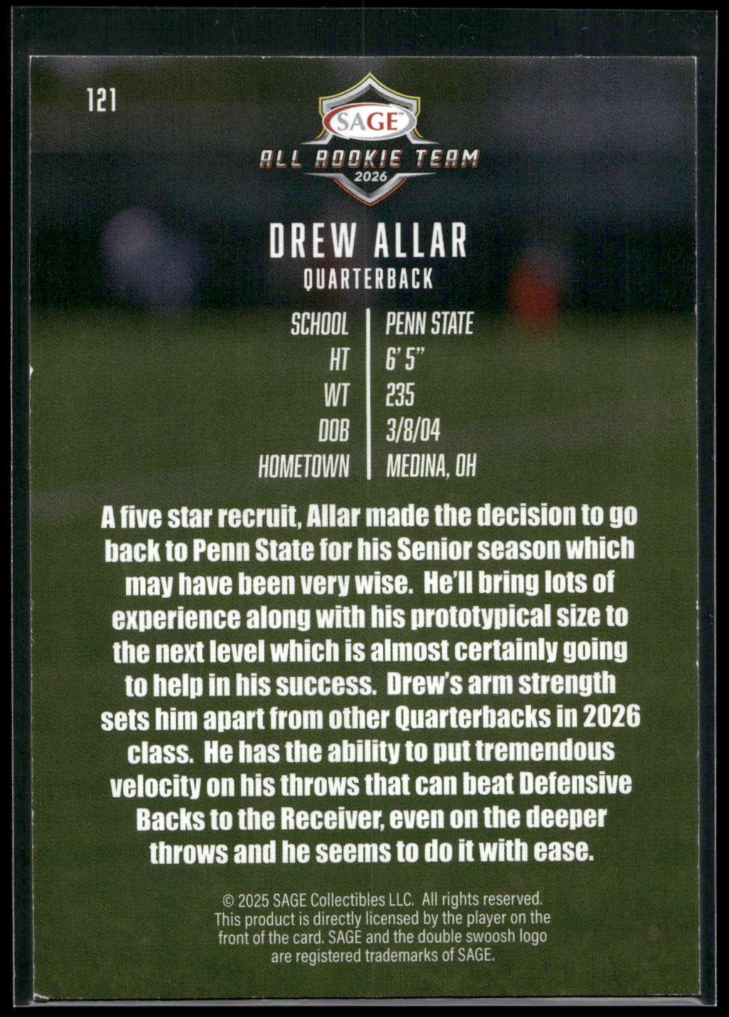 2026 SAGE #121 Drew Allar
