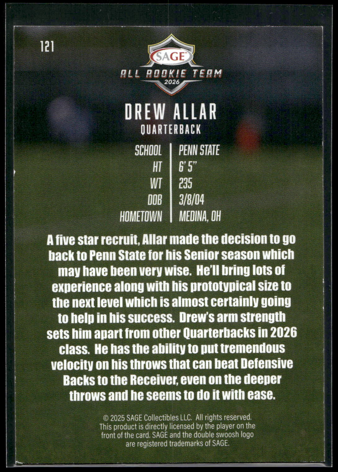 2026 SAGE #121 Drew Allar