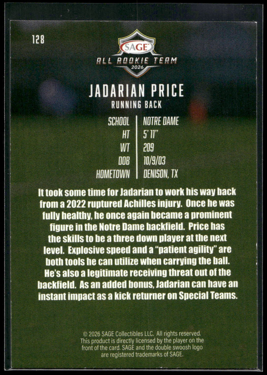 2026 SAGE #128 Jadarian Price