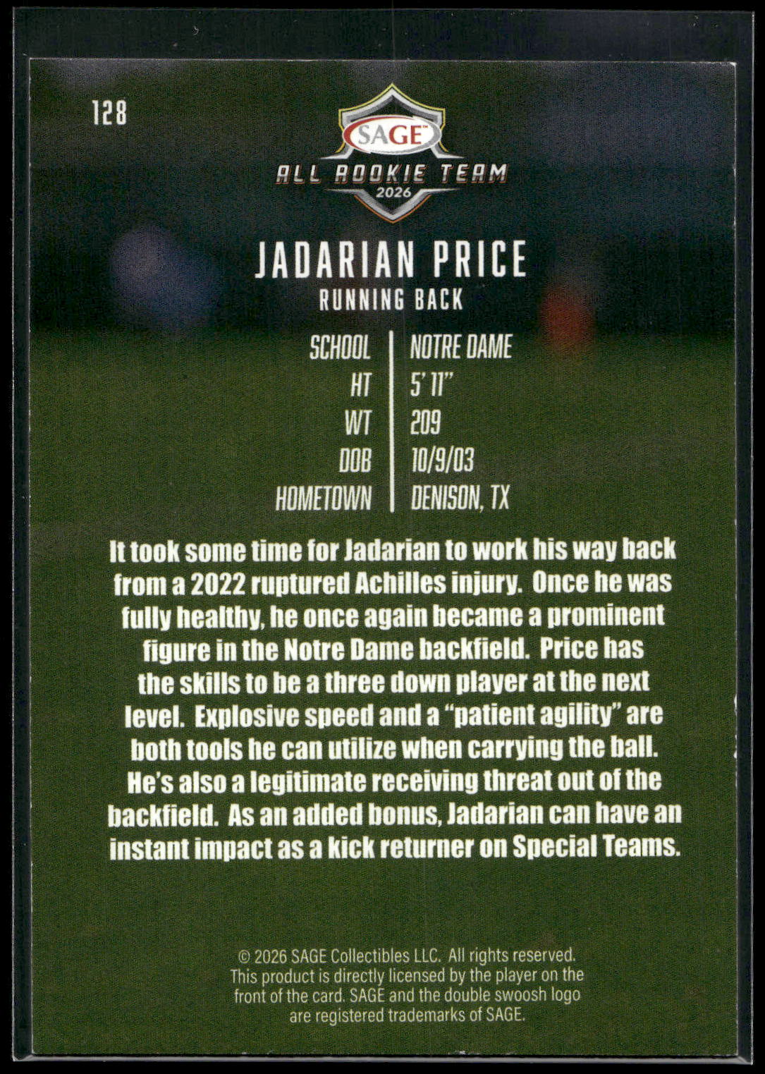 2026 SAGE #128 Jadarian Price