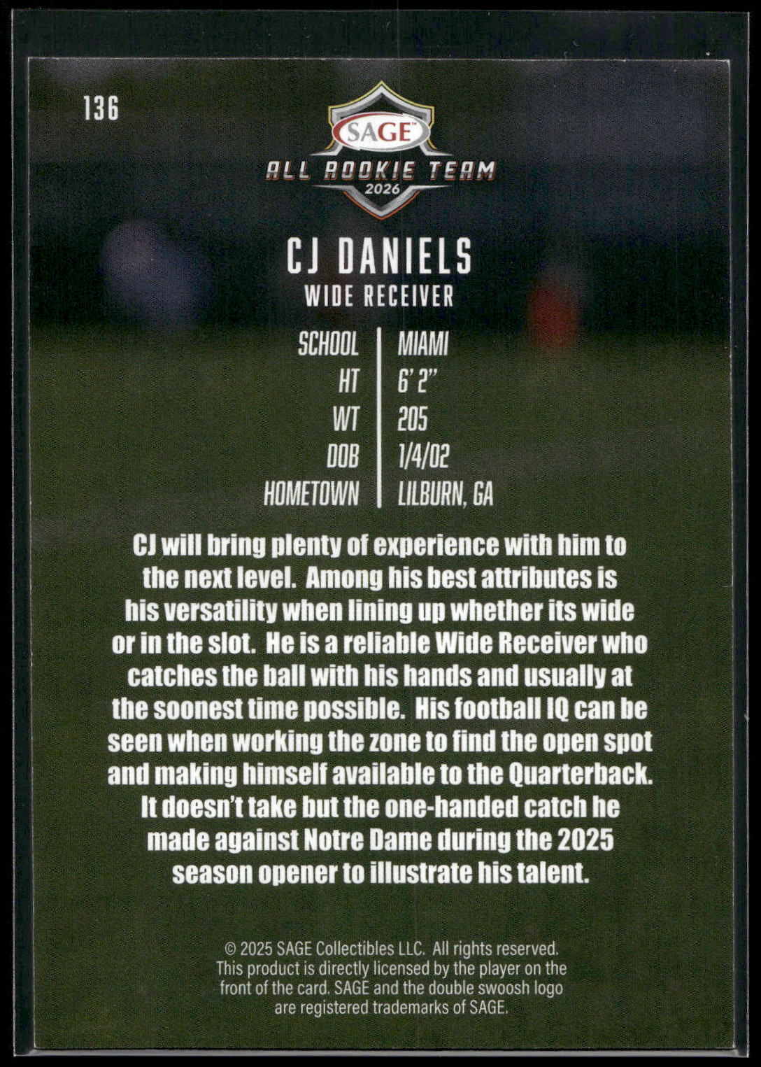 2026 SAGE #136 CJ Daniels