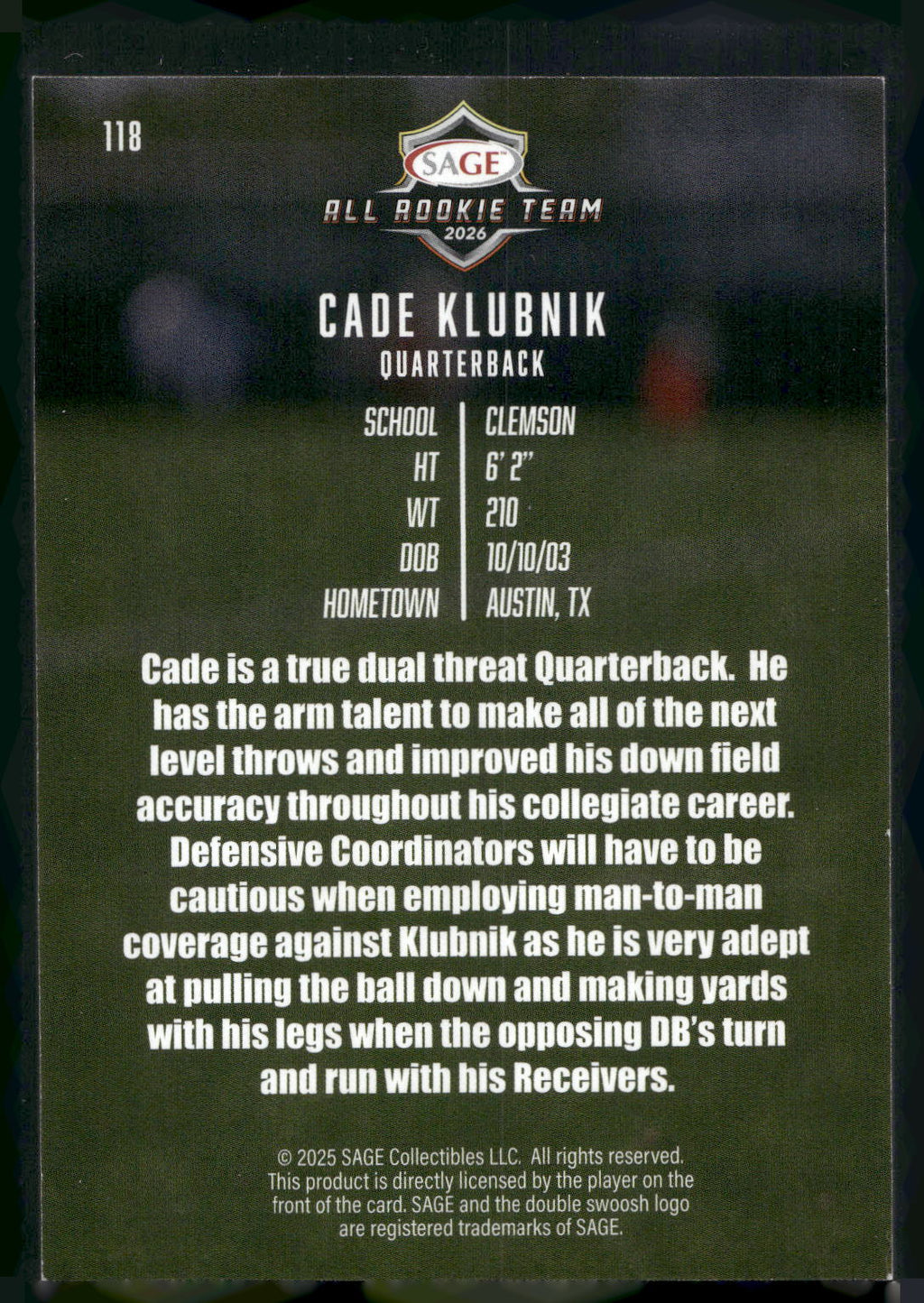 2026 SAGE #118 Cade Klubnik