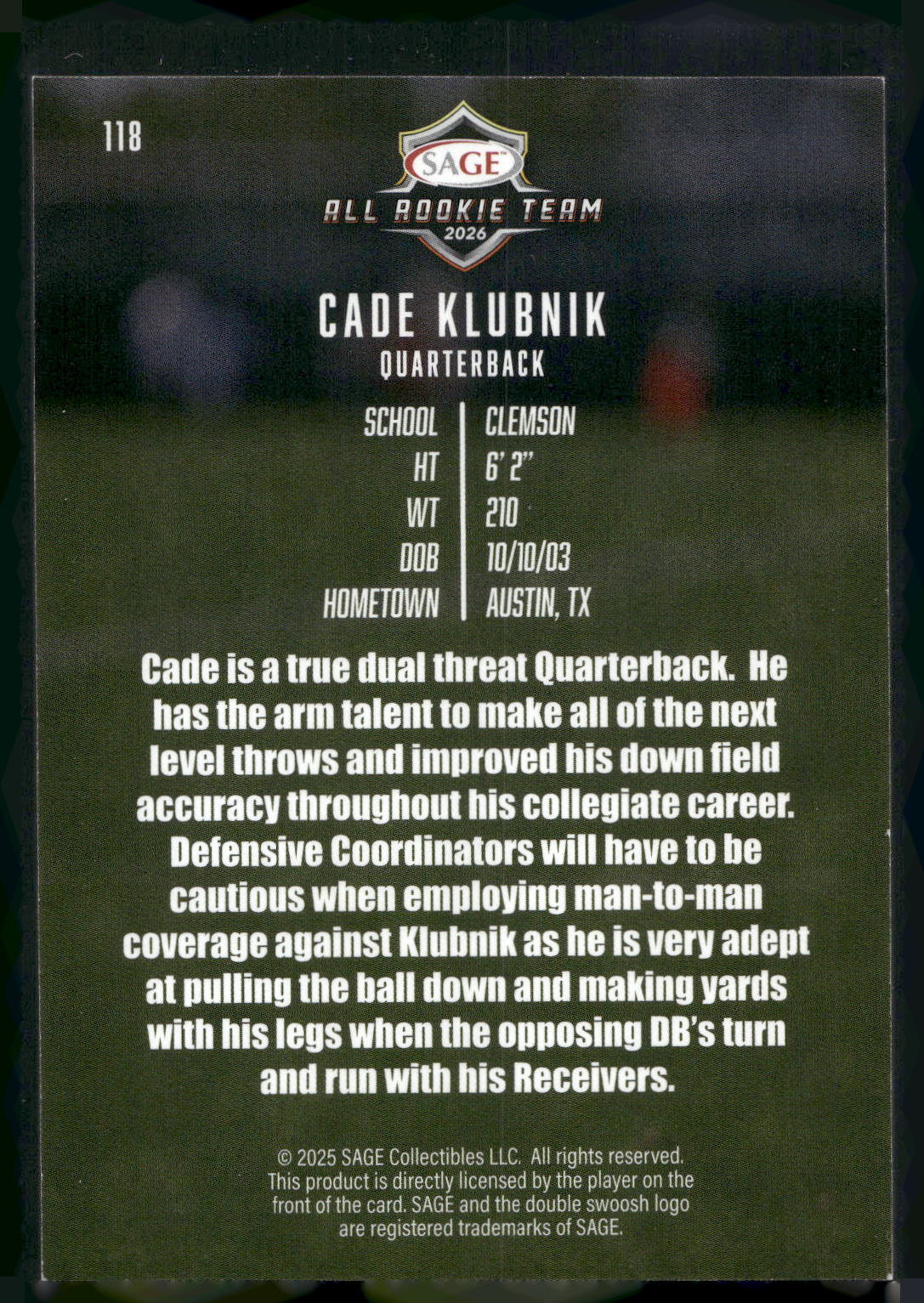 2026 SAGE #118 Cade Klubnik