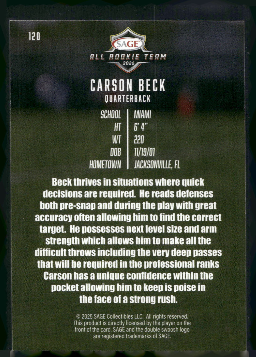 2026 SAGE #120 Carson Beck