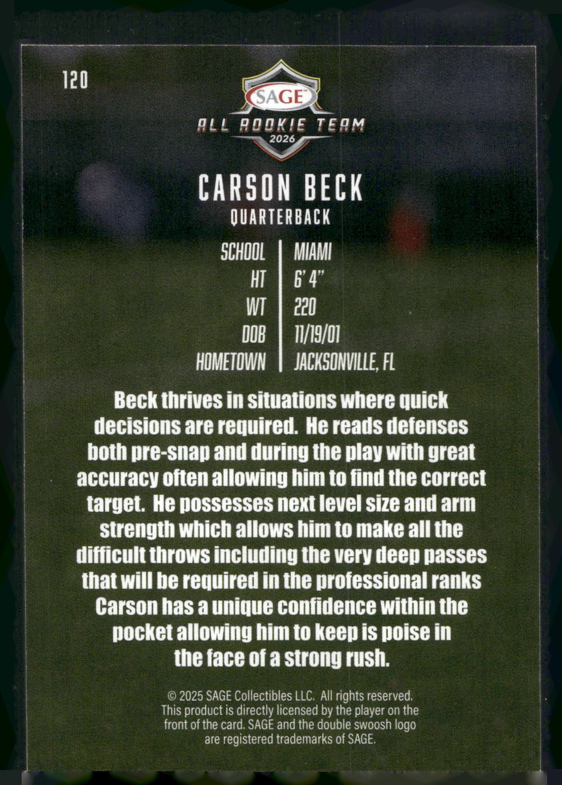 2026 SAGE #120 Carson Beck