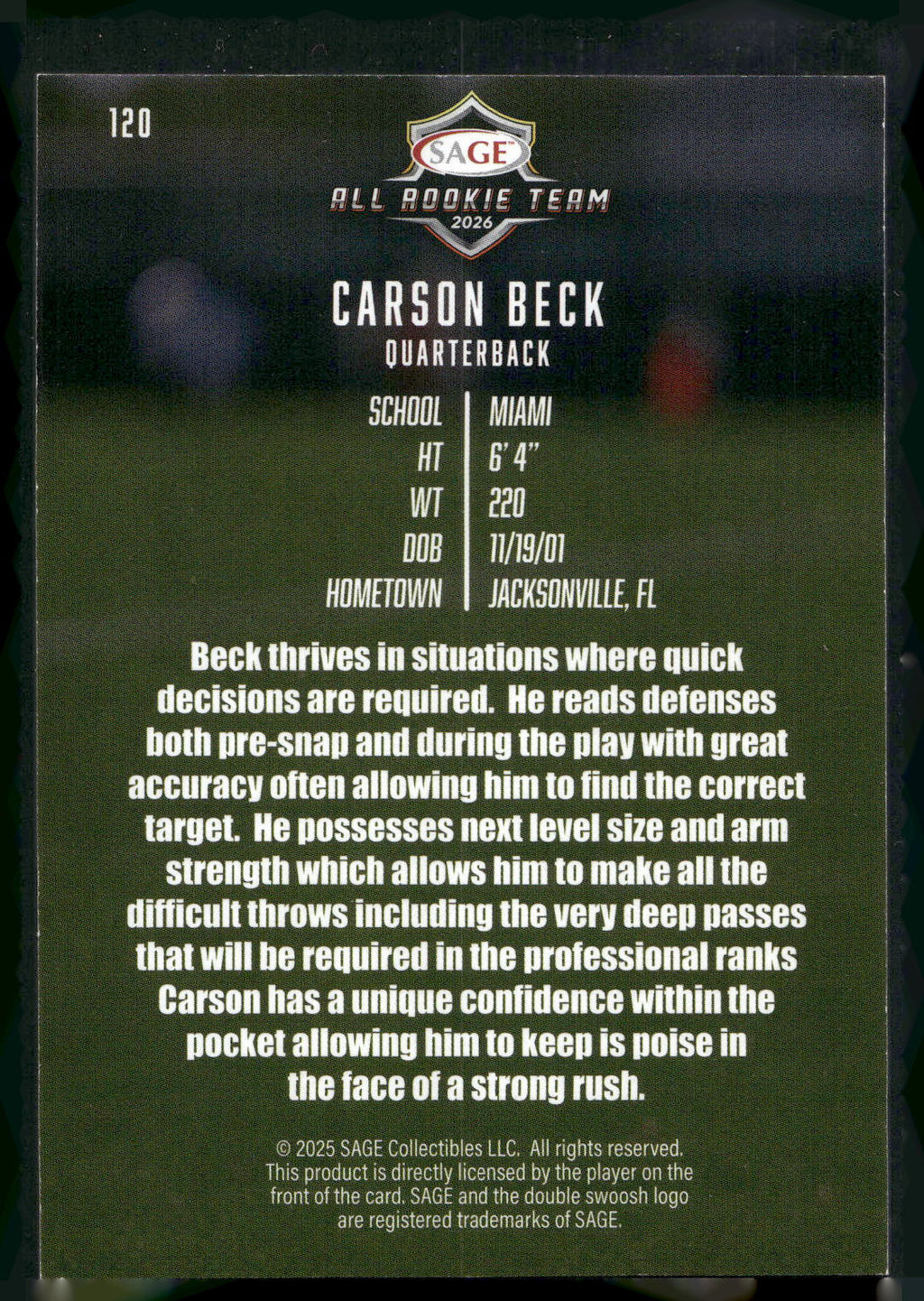 2026 SAGE #120 Carson Beck