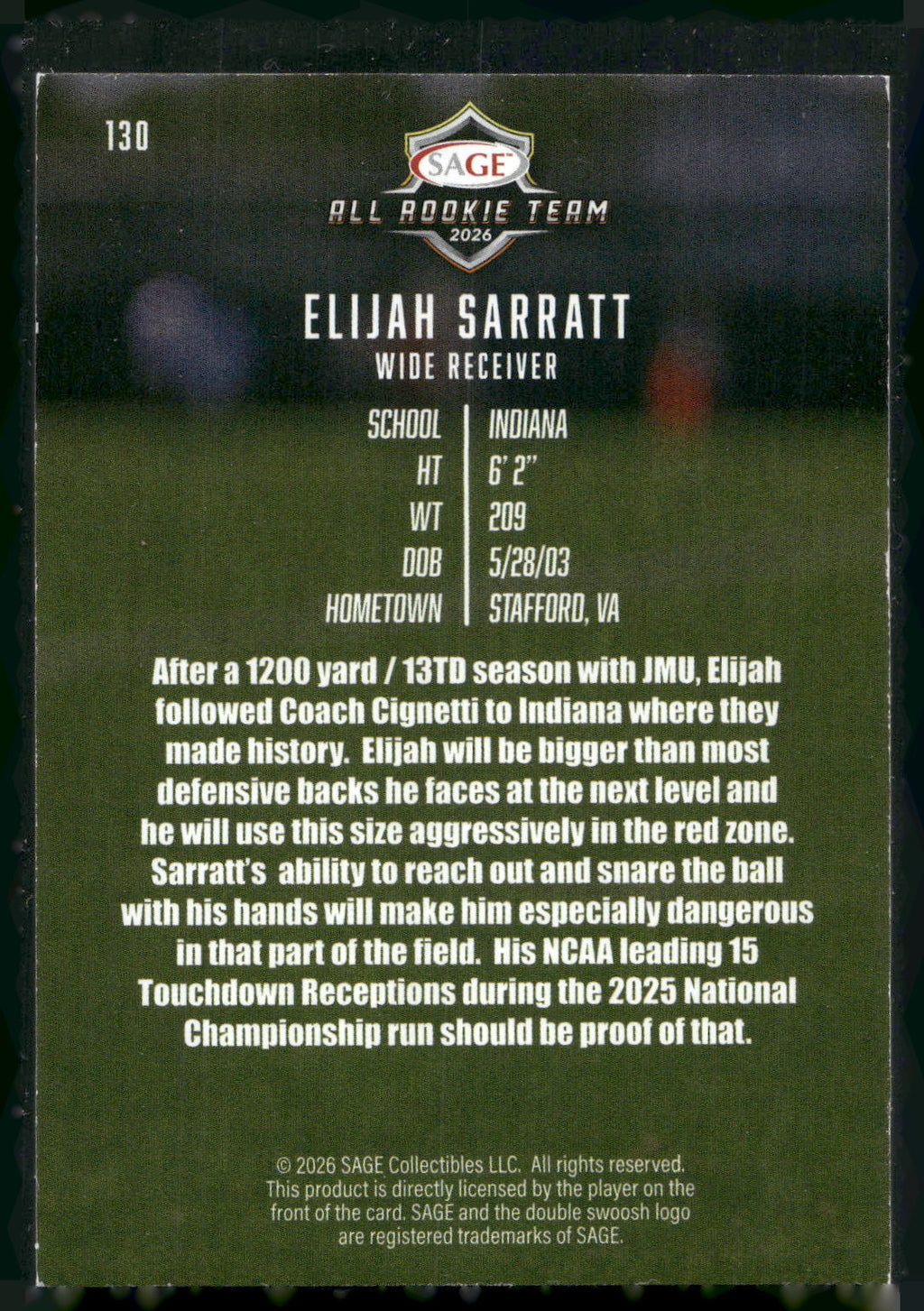 2026 SAGE #130 Elijah Sarratt
