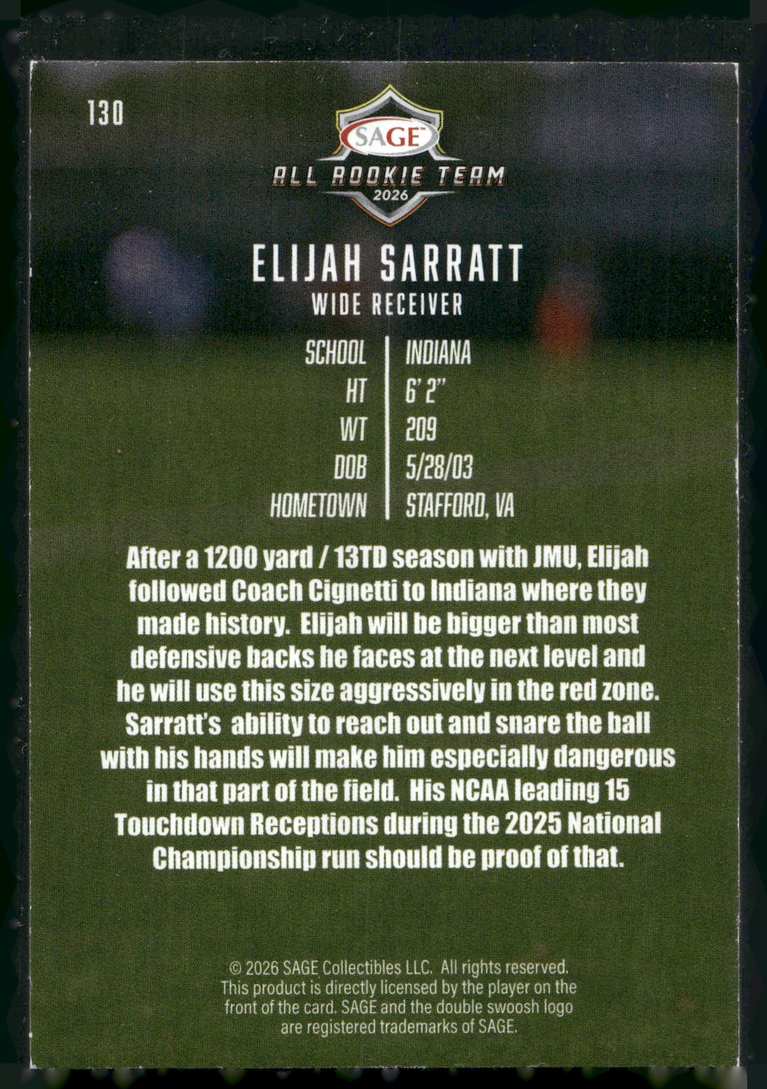 2026 SAGE #130 Elijah Sarratt