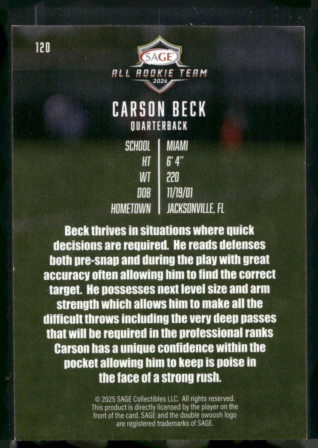 2026 SAGE #120 Carson Beck