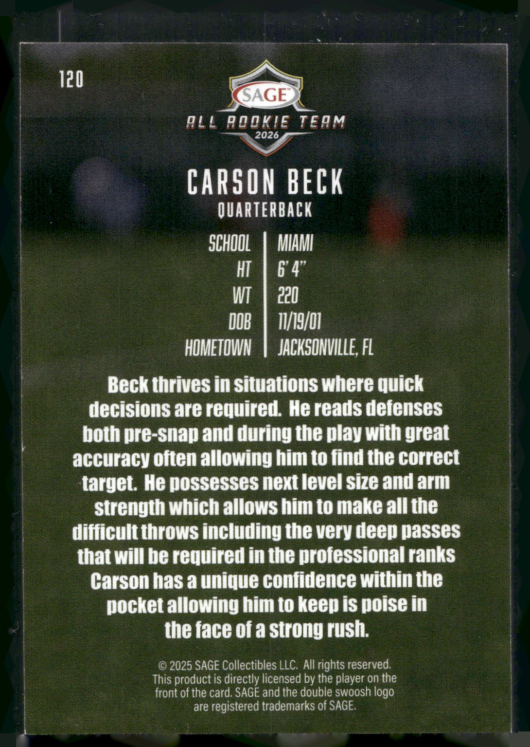 2026 SAGE #120 Carson Beck