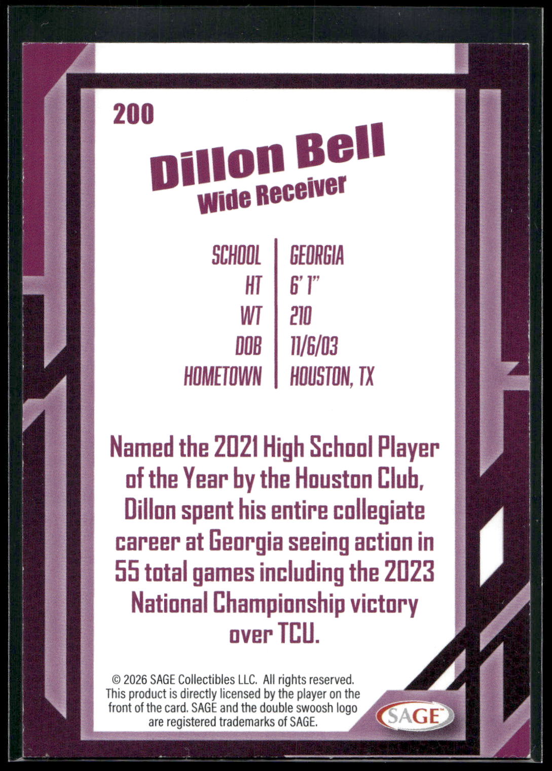 2026 SAGE #200 Dillon Bell Silver
