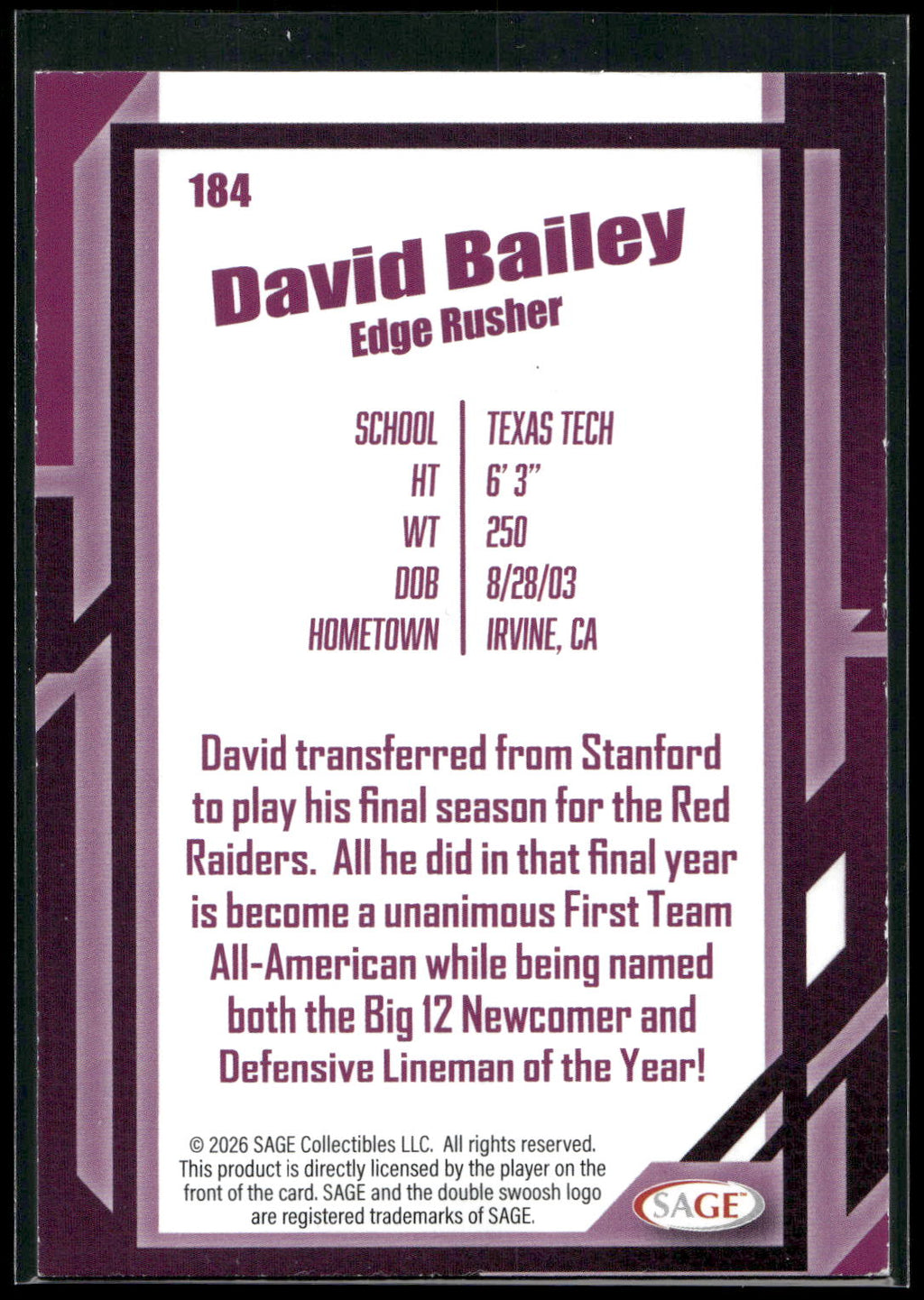 2026 SAGE #184 David Bailey Silver