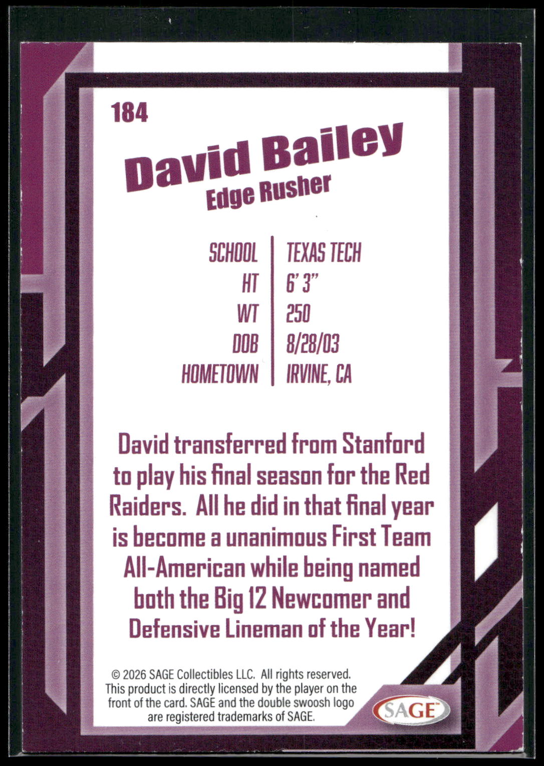 2026 SAGE #184 David Bailey Silver