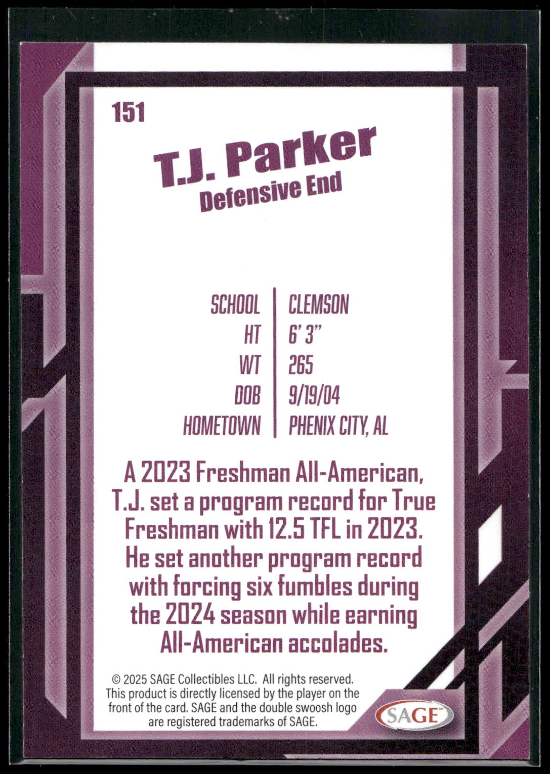 2026 SAGE #151 T.J. Parker Silver