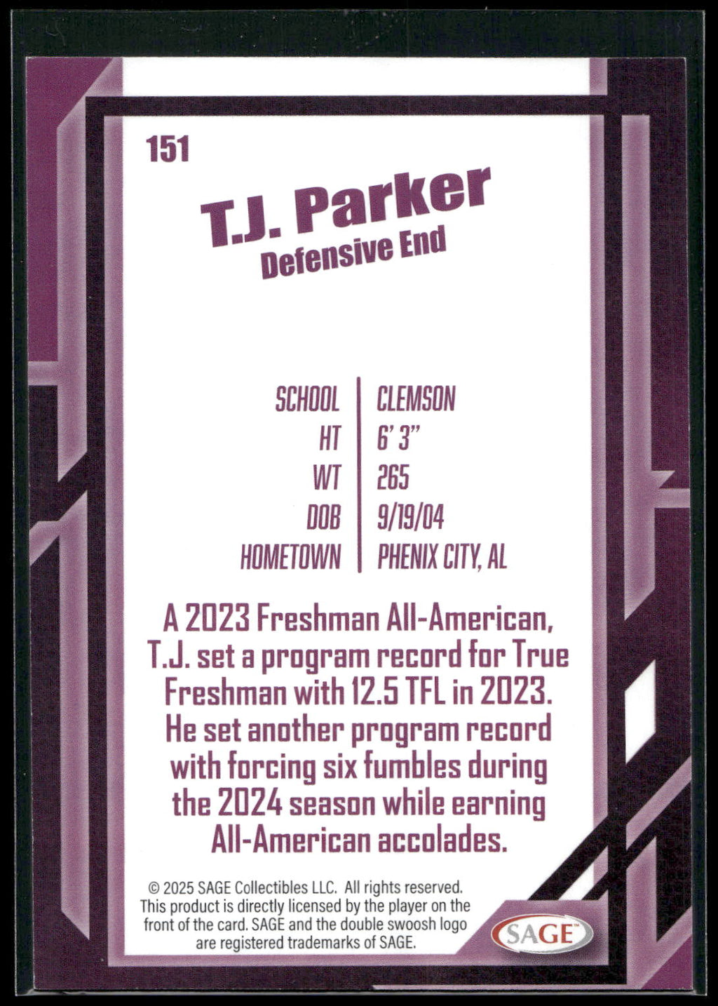 2026 SAGE #151 T.J. Parker Silver
