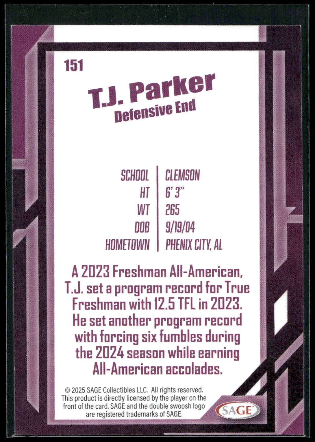 2026 SAGE #151 T.J. Parker Silver