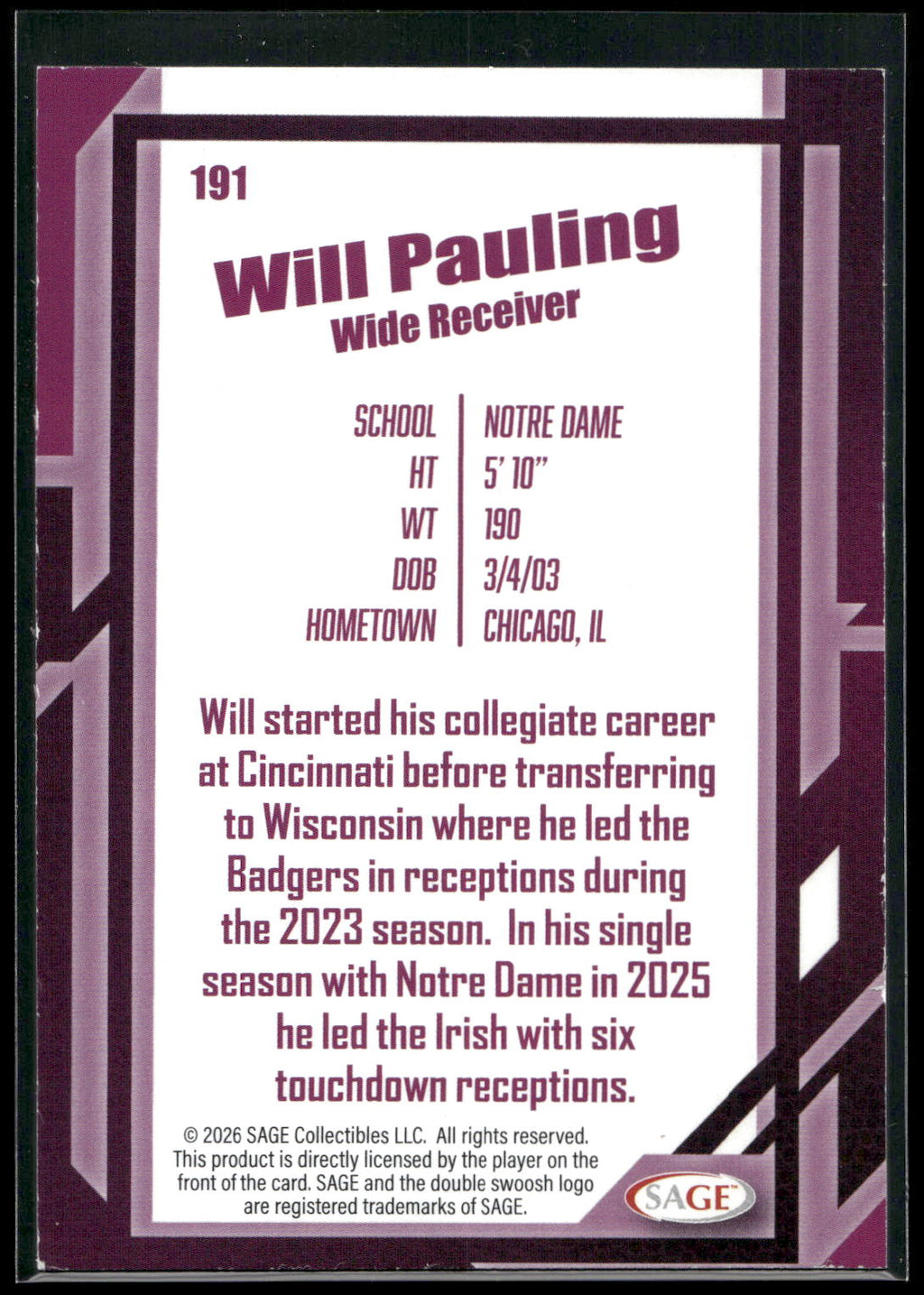 2026 SAGE #191 Will Pauling Silver